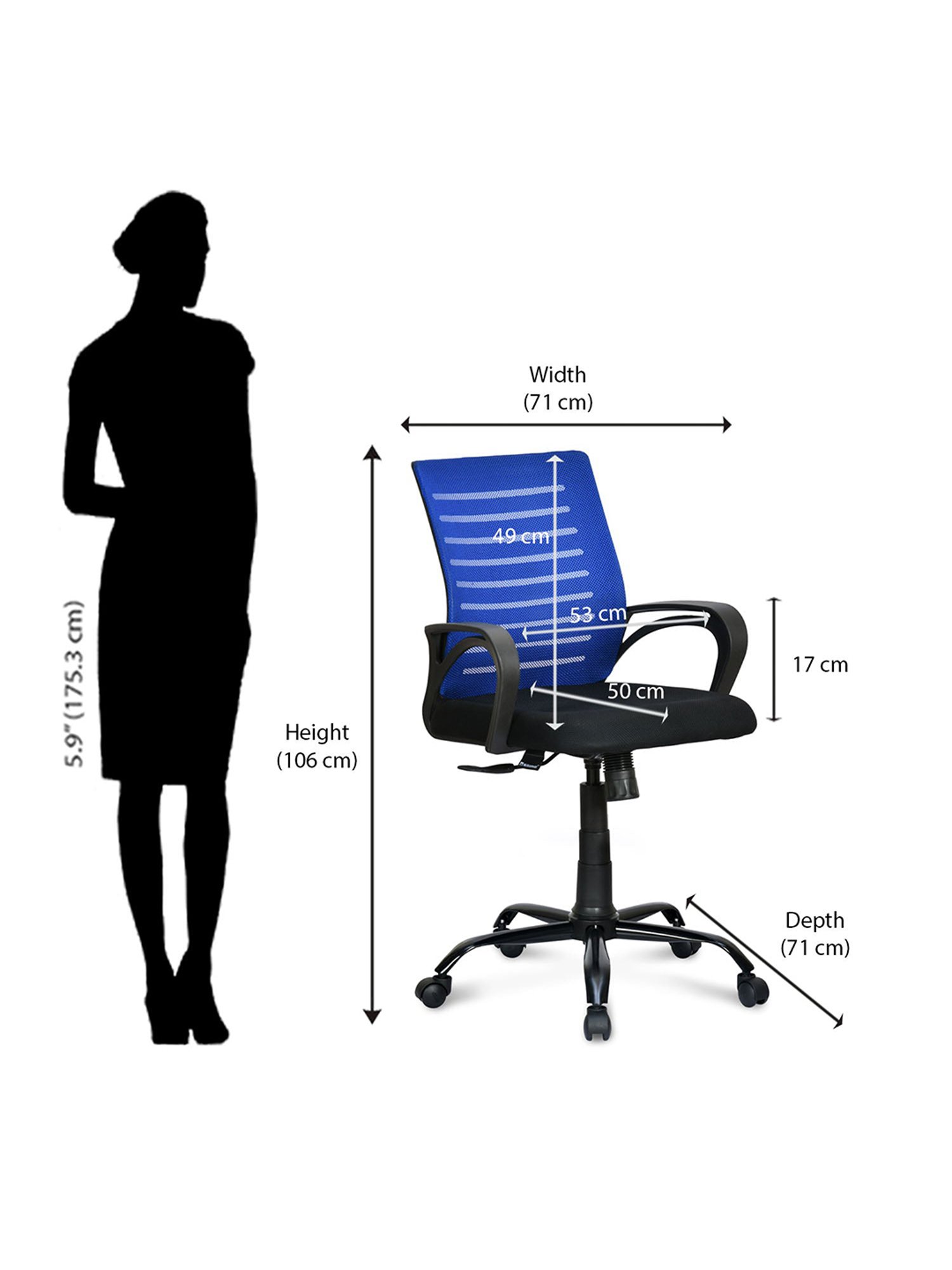 Nilkamal Giza Blue & Black Fabric Ergonomic Mid Back Office Chair with Height Adjustable