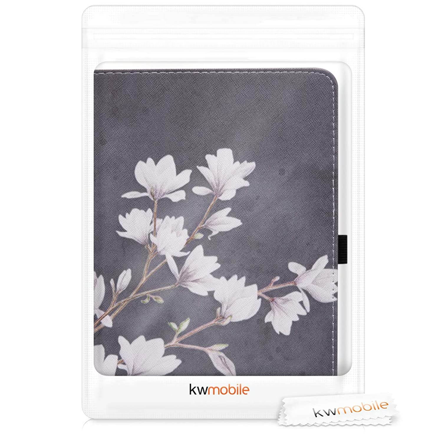 kwmobile Case Compatible with Huawei MediaPad T3 10 - Slim PU Leather Tablet Cover with Stand Feature - Magnolias Taupe/White/Dark Grey