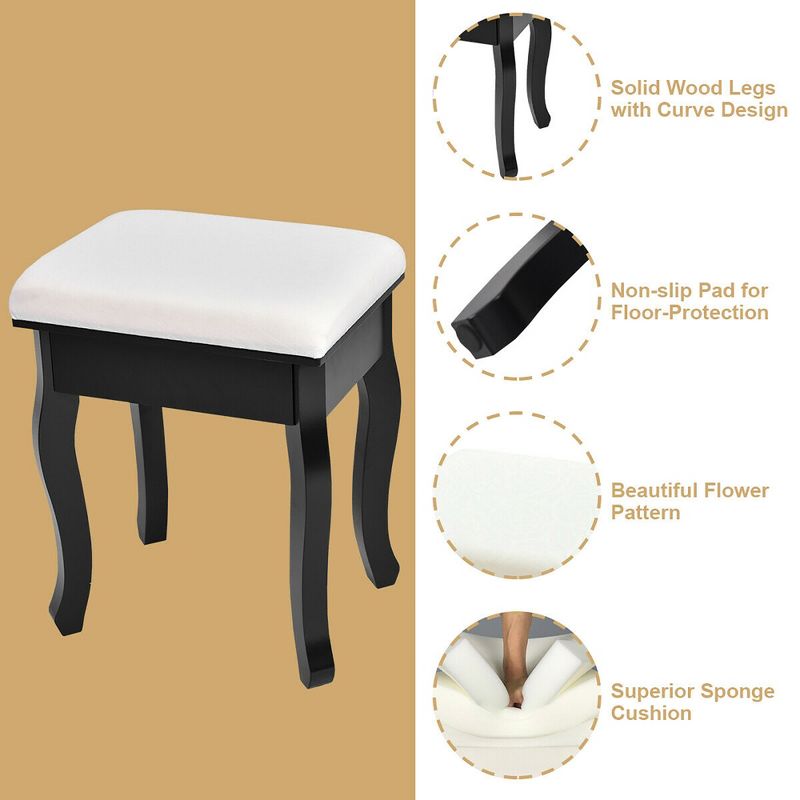 Costway Vanity Makeup Dressing Table Set W/Stool 4 Drawer&Mirror Jewelry Wood Desk Black
