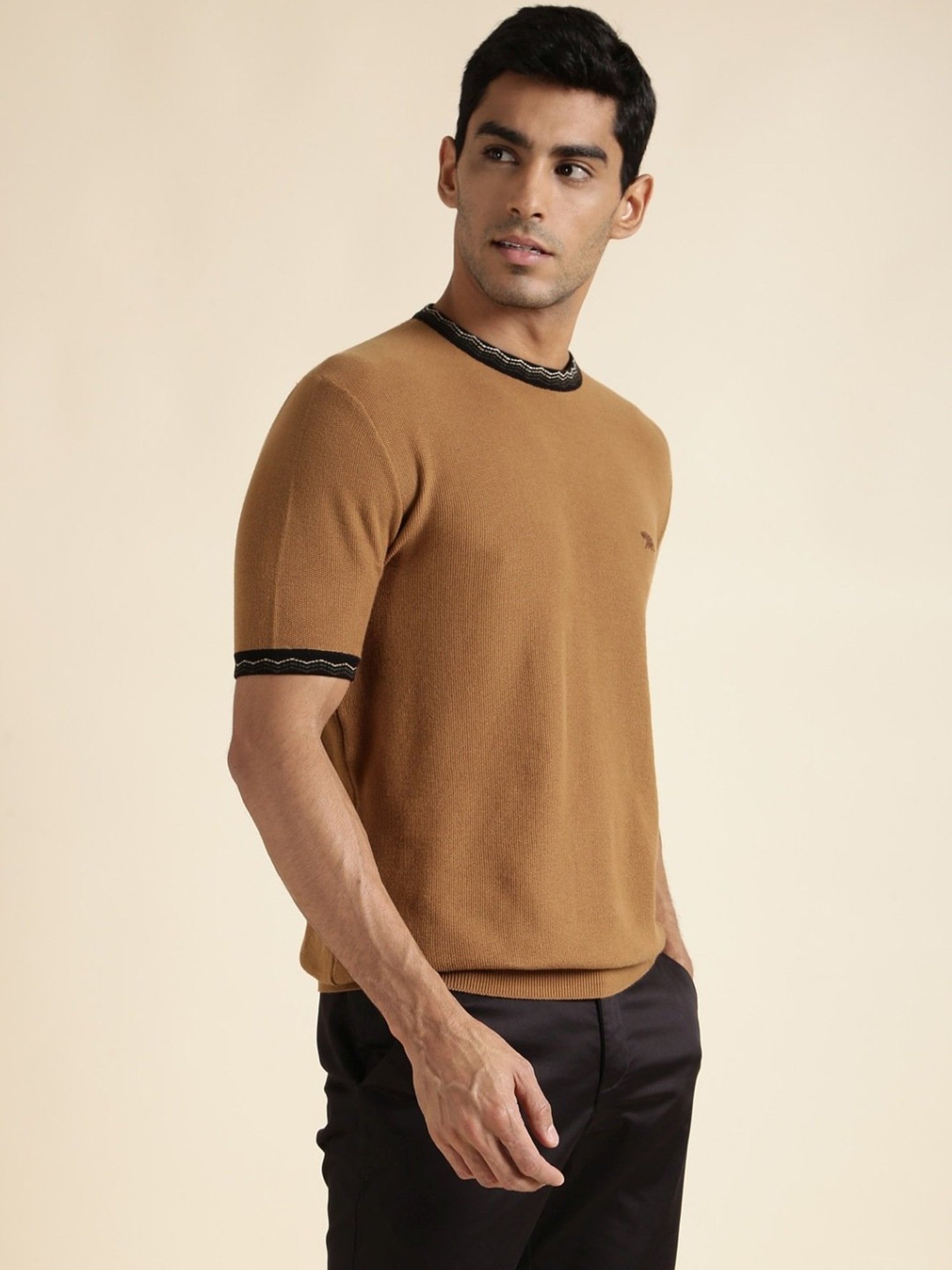 Andamen Brown Regular Fit Self Pattern T-Shirt