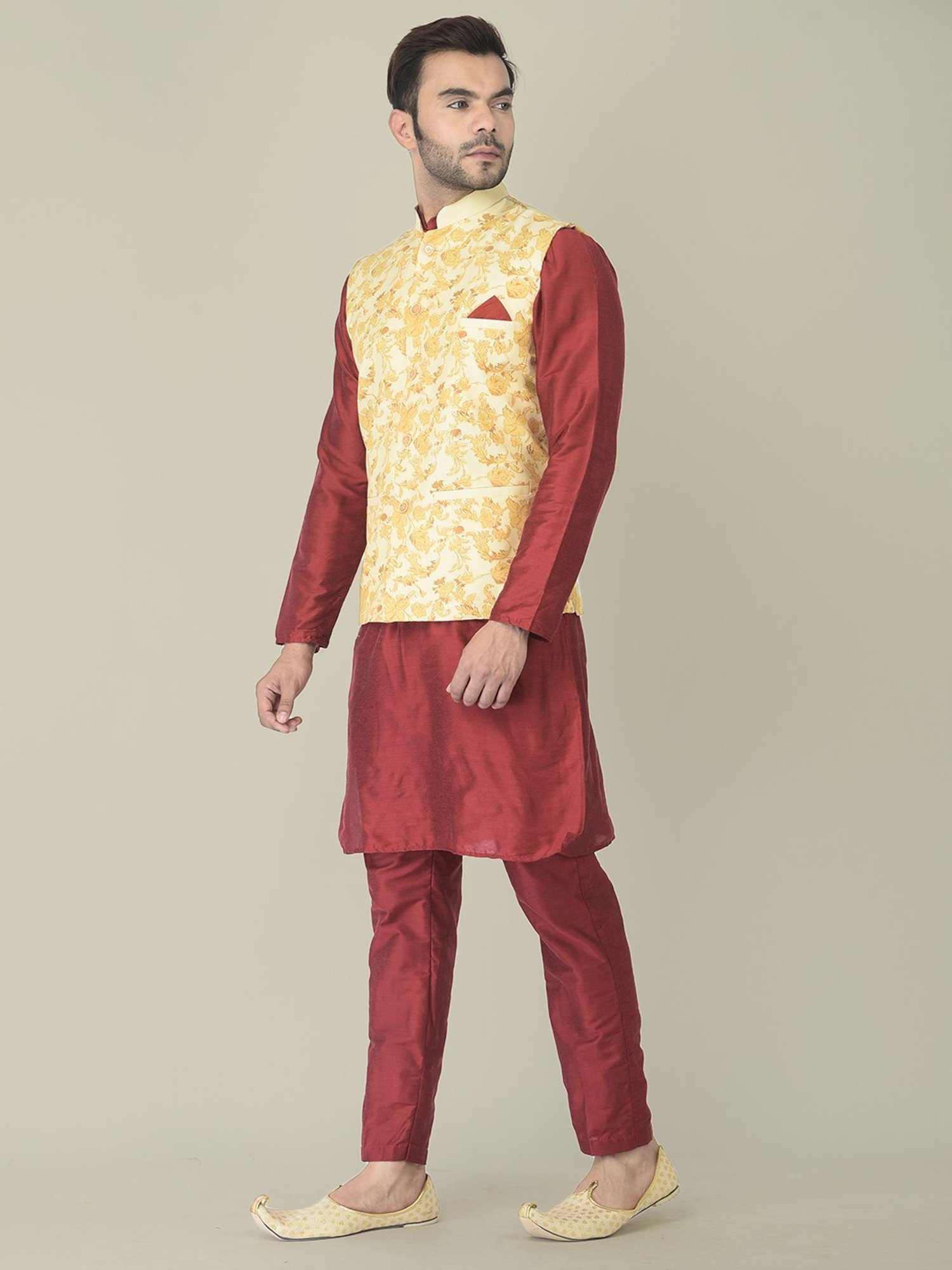 Deyann Maroon & Cream Cotton Regular Fit Printed Kurta Set With Jacket