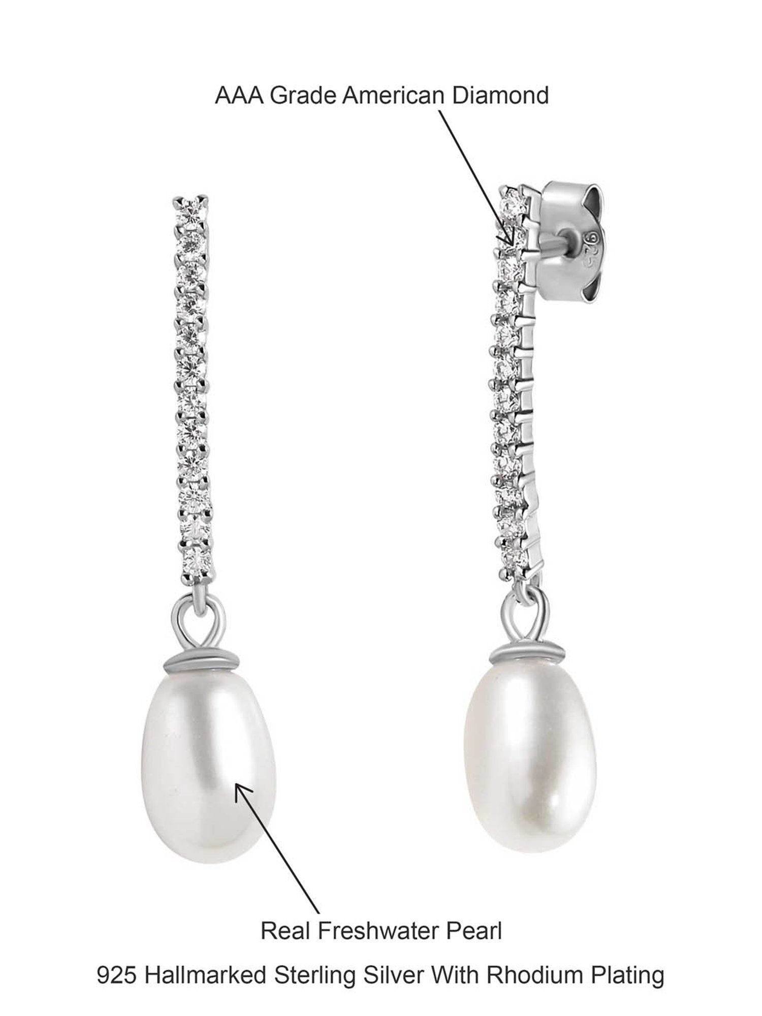 925 Silver Freshwater Pearl and American Diamond Drop Dangler Earrings for Women & Girls
