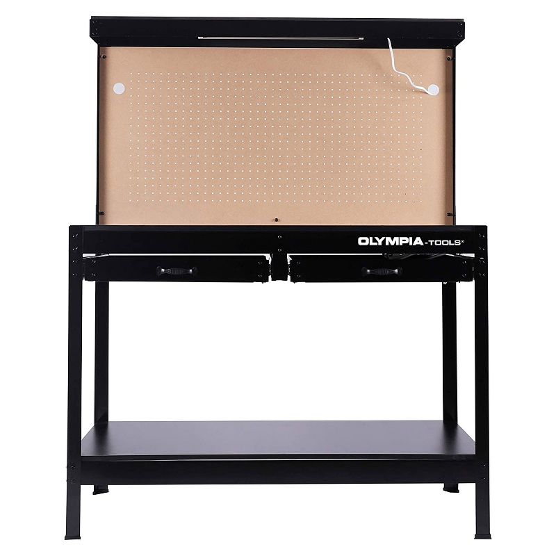 Olympia Tools 47 Inch Steel Workbench w/ 220 Pound Capacity, 13 Watt Cabinet Light, 3 Built In Outlets, Tool Pegboard, Storage Drawers & Shelf, Black