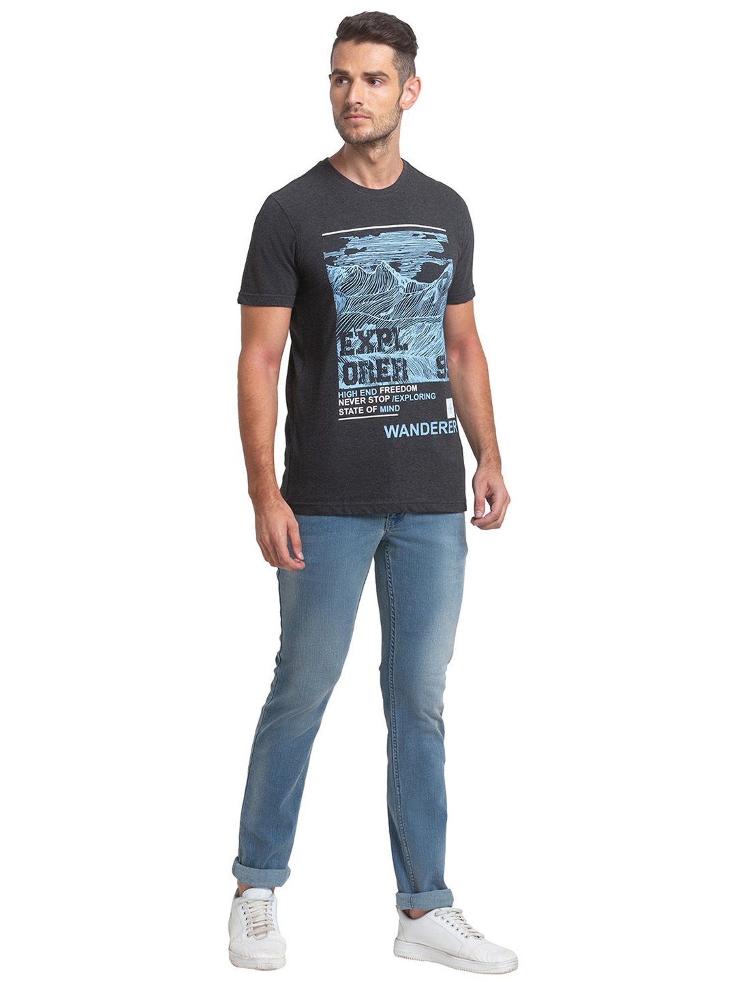 Parx Dark Grey Regular Fit Printed Crew T-Shirt