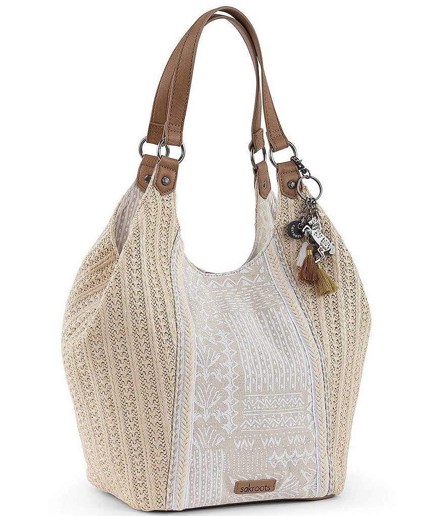 Sakroots Roma Straw Canvas Snap Floral Hobo Tassel Bag