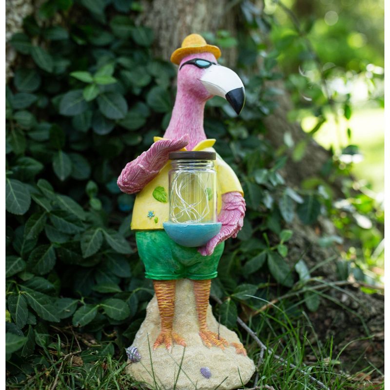 13" Solar Flamingo With Firefly Resin Jar - Exhart