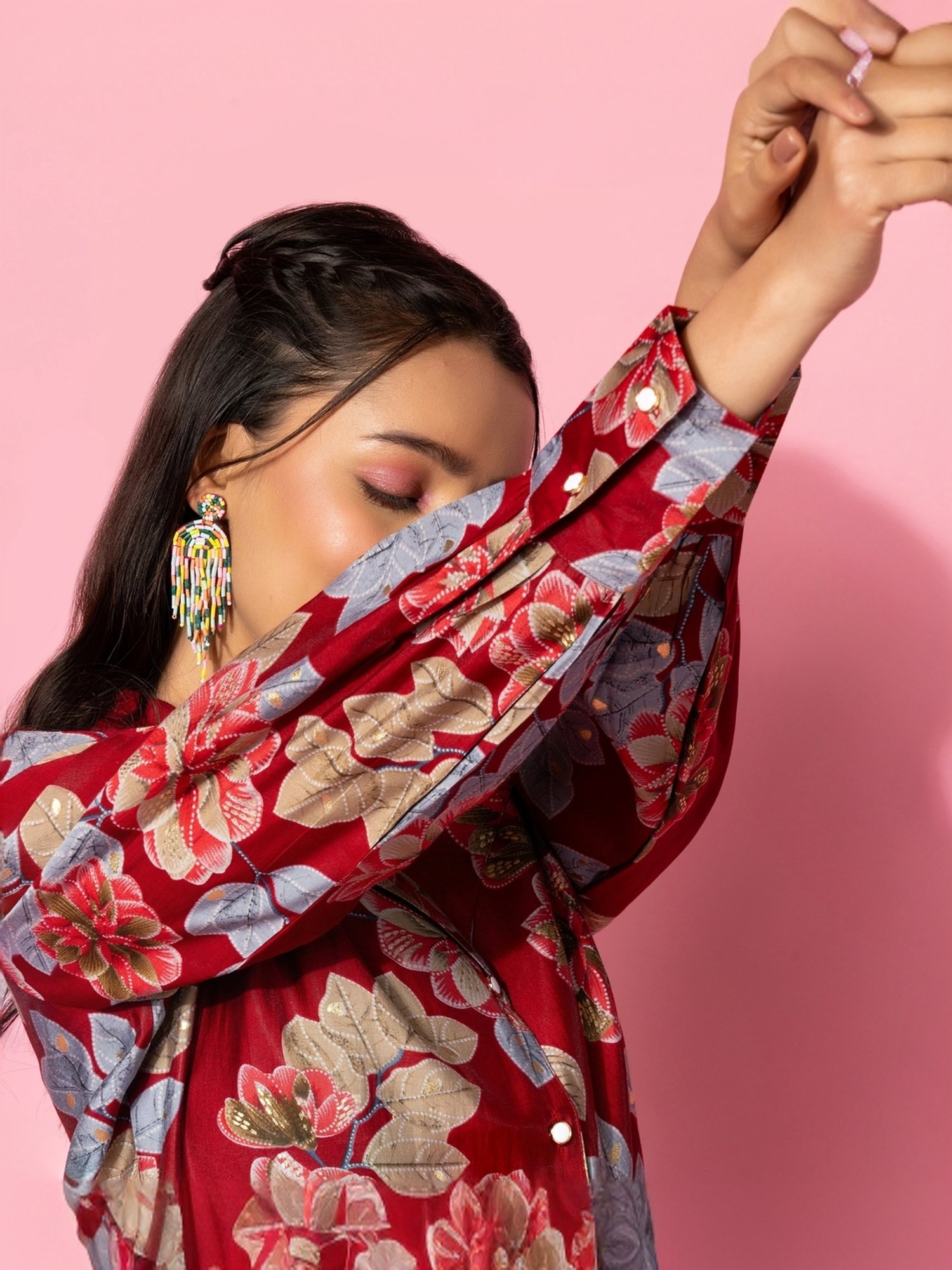 Libas Maroon Printed Silk Blend Co-Ords