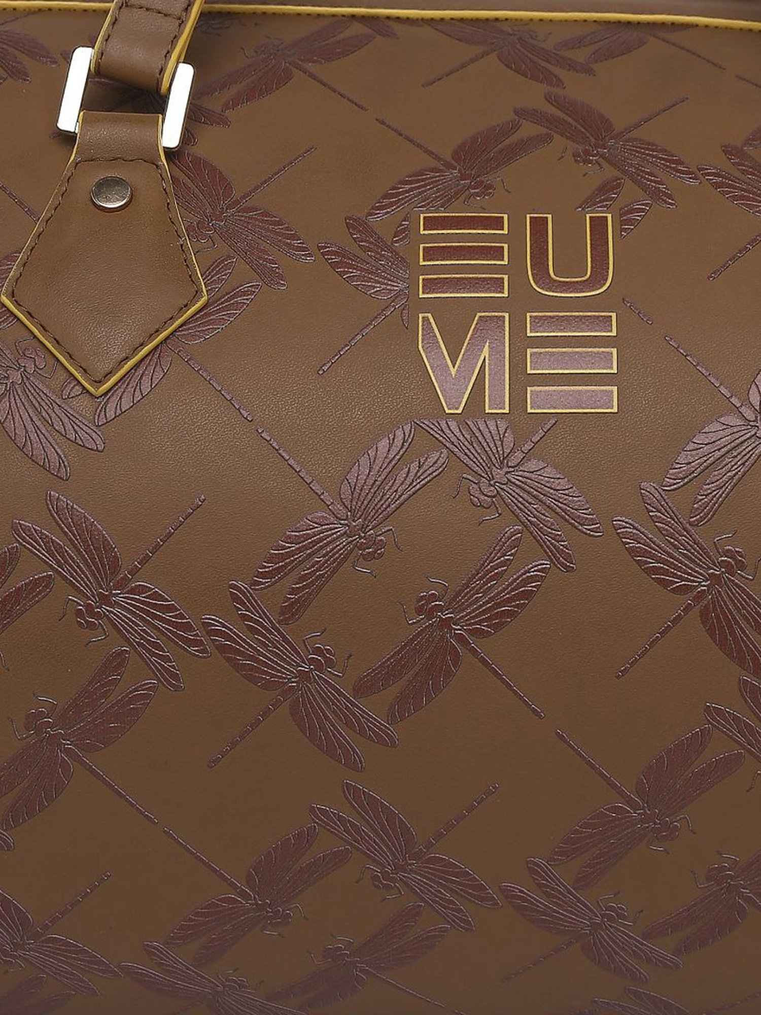Eume Dragonfly Rubber Brown Leather Printed Duffle Bag