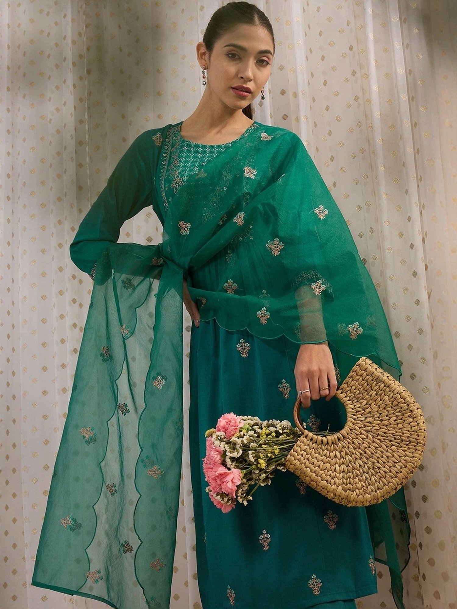 Indo Era Green Embroidered Kurta Pant Set With Dupatta