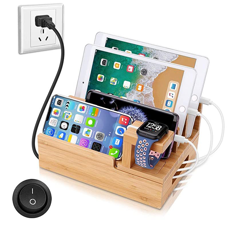 Charging Station OrganizerFast Charging Station for Multiple Device 5Port USB Bamboo Wood Charging DockUniversal Apple Watch Phone Pad and Android Like Samsung Cell Phones amp Tablets