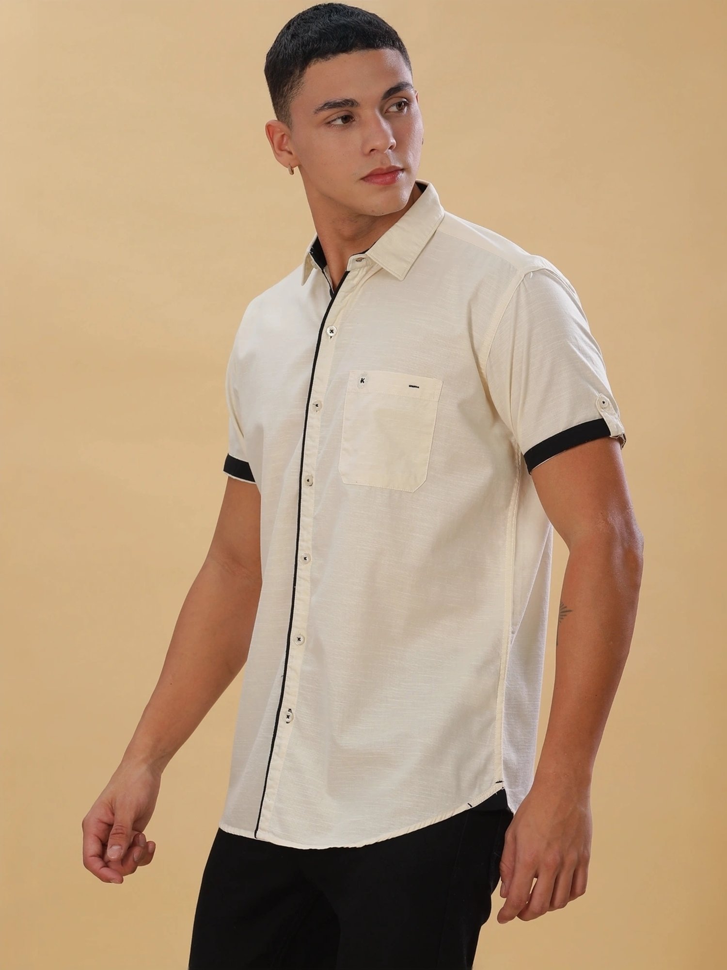 Kuons Avenue Beige Linen Slim Fit Self Pattern Shirt