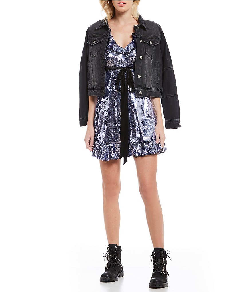 Free People Rumors Point Collar Long Sleeve Cuffed Denim Jacket