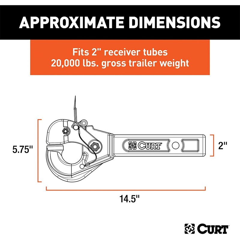 CURT 48004 Receiver Mount Pintle Trailer Hitch Hook for 2 Inch Receiver Tube and 2.5 Inch Inside Diameter Lunette Rings, Holds 20,000 Pounds, Black