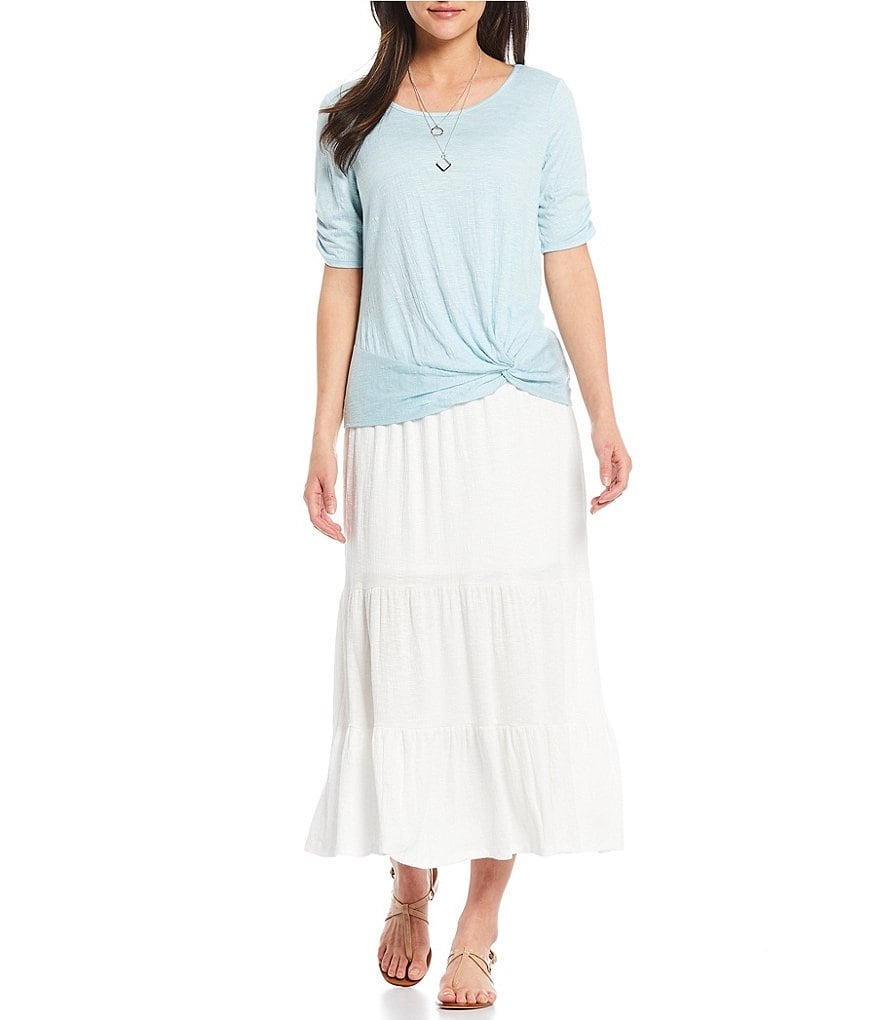 I.N. Studio Pucker Knit Ruched Short Sleeve Knot Front Detail Necklace Top