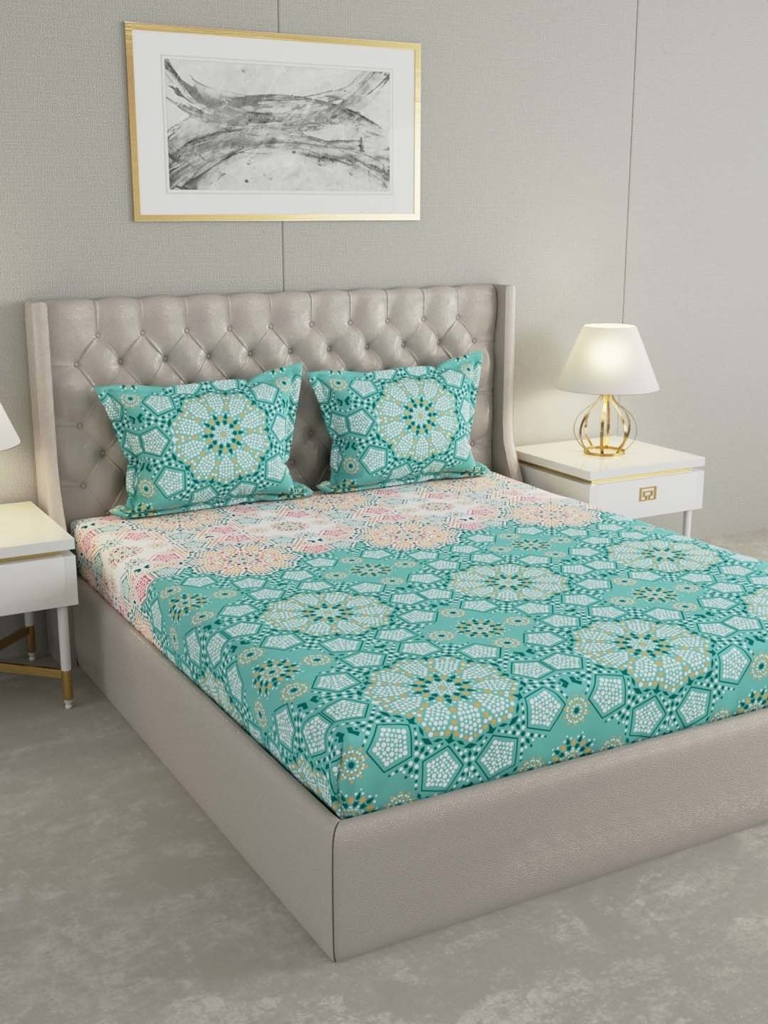 Raymond Home Shubham Green 120 TC Cotton King Bedsheet with 2 Pillow Covers