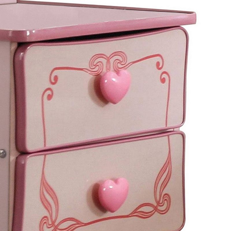 2 Drawer Wooden Nightstand with Heart Knob Pulls Pink - Benzara