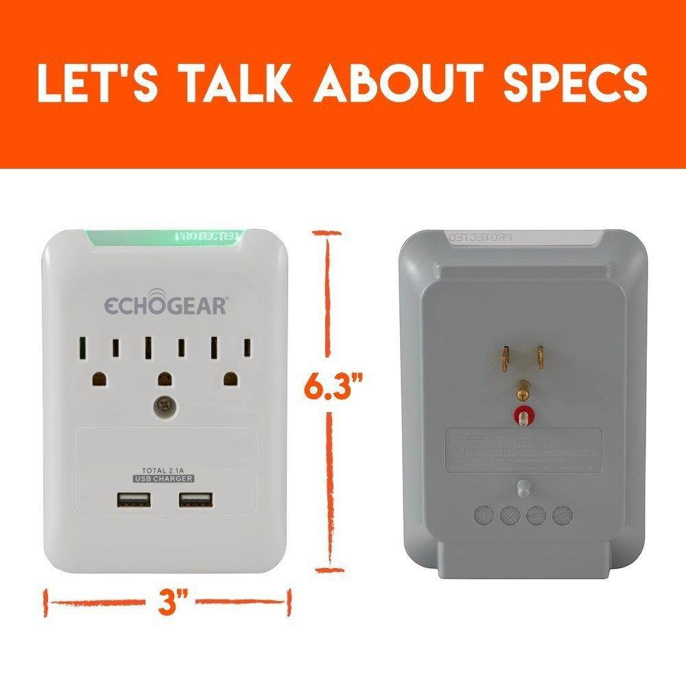 ECHOGEAR Low Profile Surge Protector Design with 3 AC Outlets & 2 USB Ports &ndash; 540 Joules of Surge Protection - Installs Over Existing Outlets to Protect Your Gear & Increase Outlet Capacity