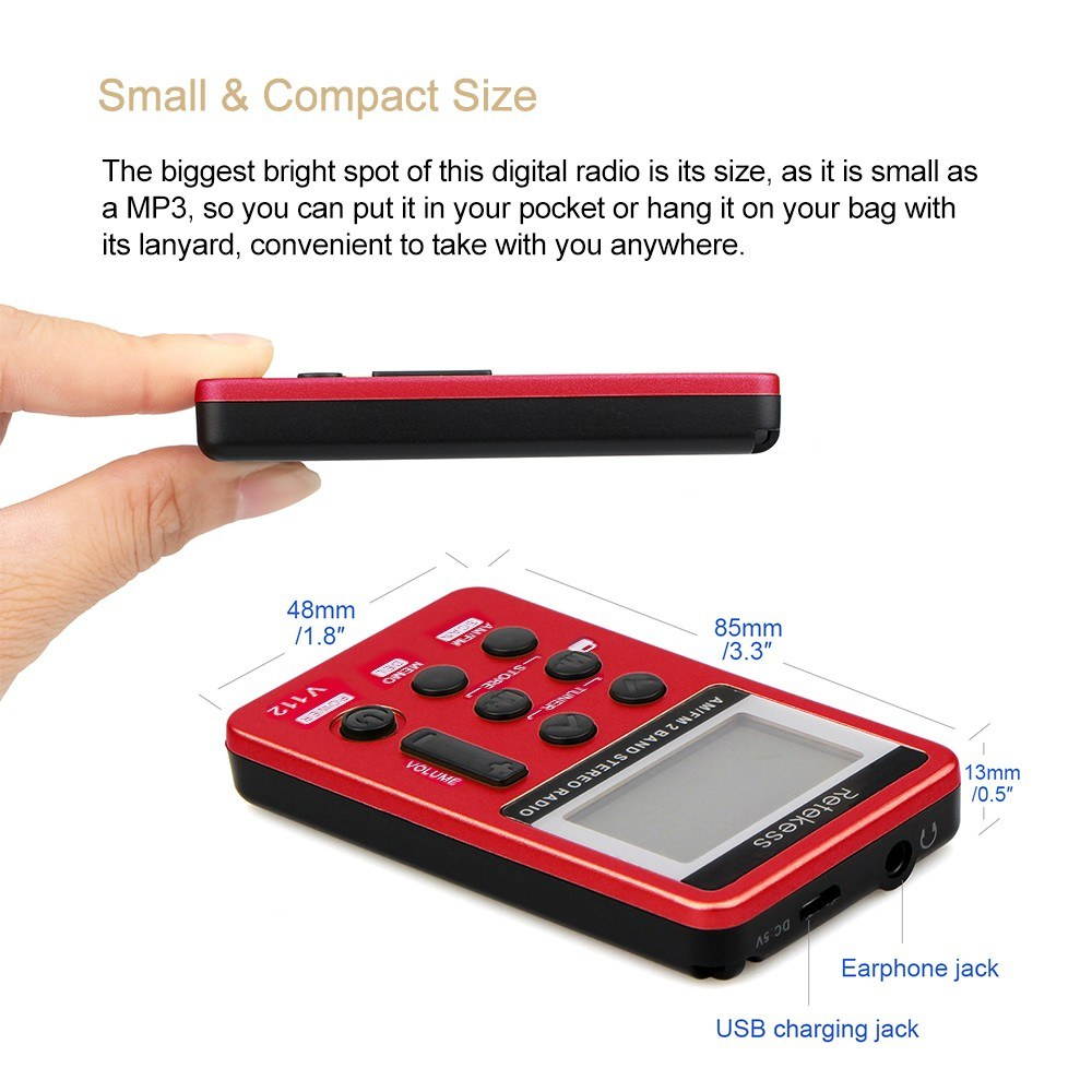 Retekess V-112 Portable AM/ FM Stereo Radio Pocket 2 Band Digital Tuning Radio Mini Receiver Outdoor Radio w/ Earphone Lanyard 1.5 Inch LCD Display Screen 500mAh Battery