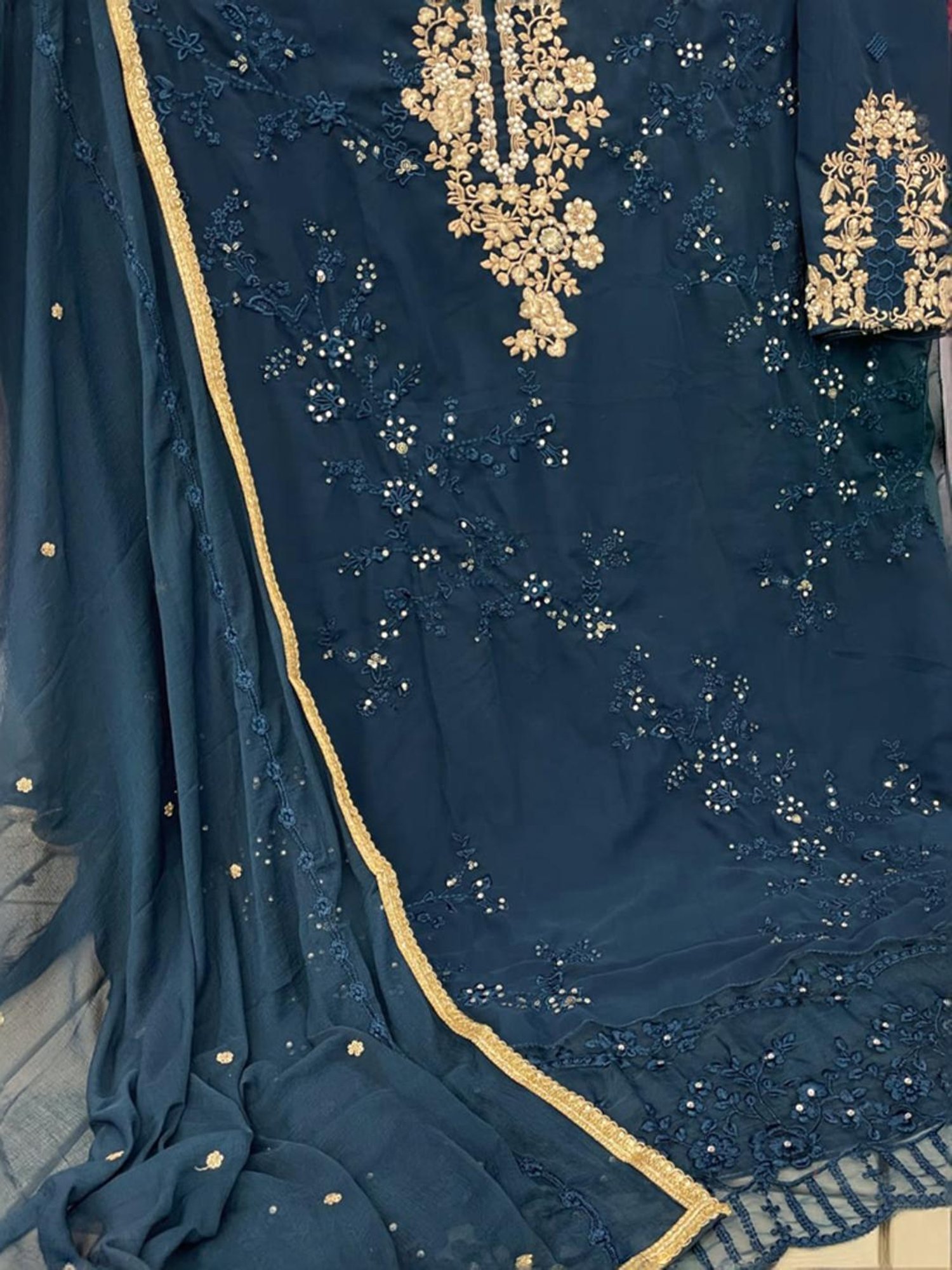 Odette Teal Blue Embroidered Unstitched Dress Material