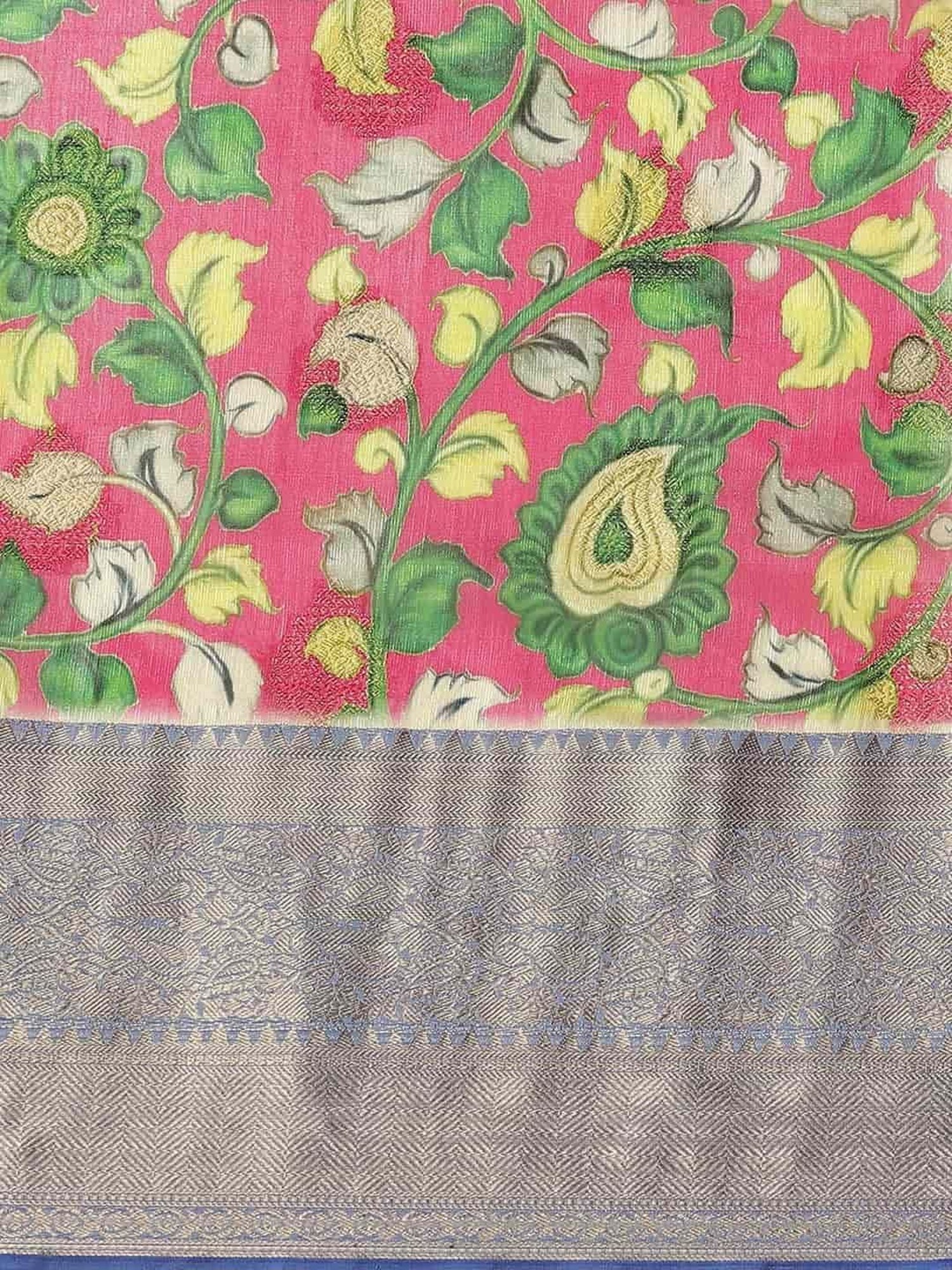 Silk Land Pink & Green Silk Floral Print Saree With Unstitched Blouse