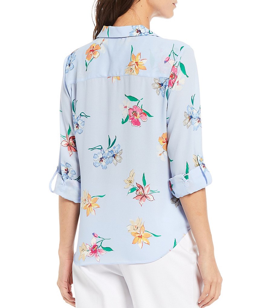 Investments Long Roll-Tab Sleeve Point Collar Neck Tie Front Floral Print Top