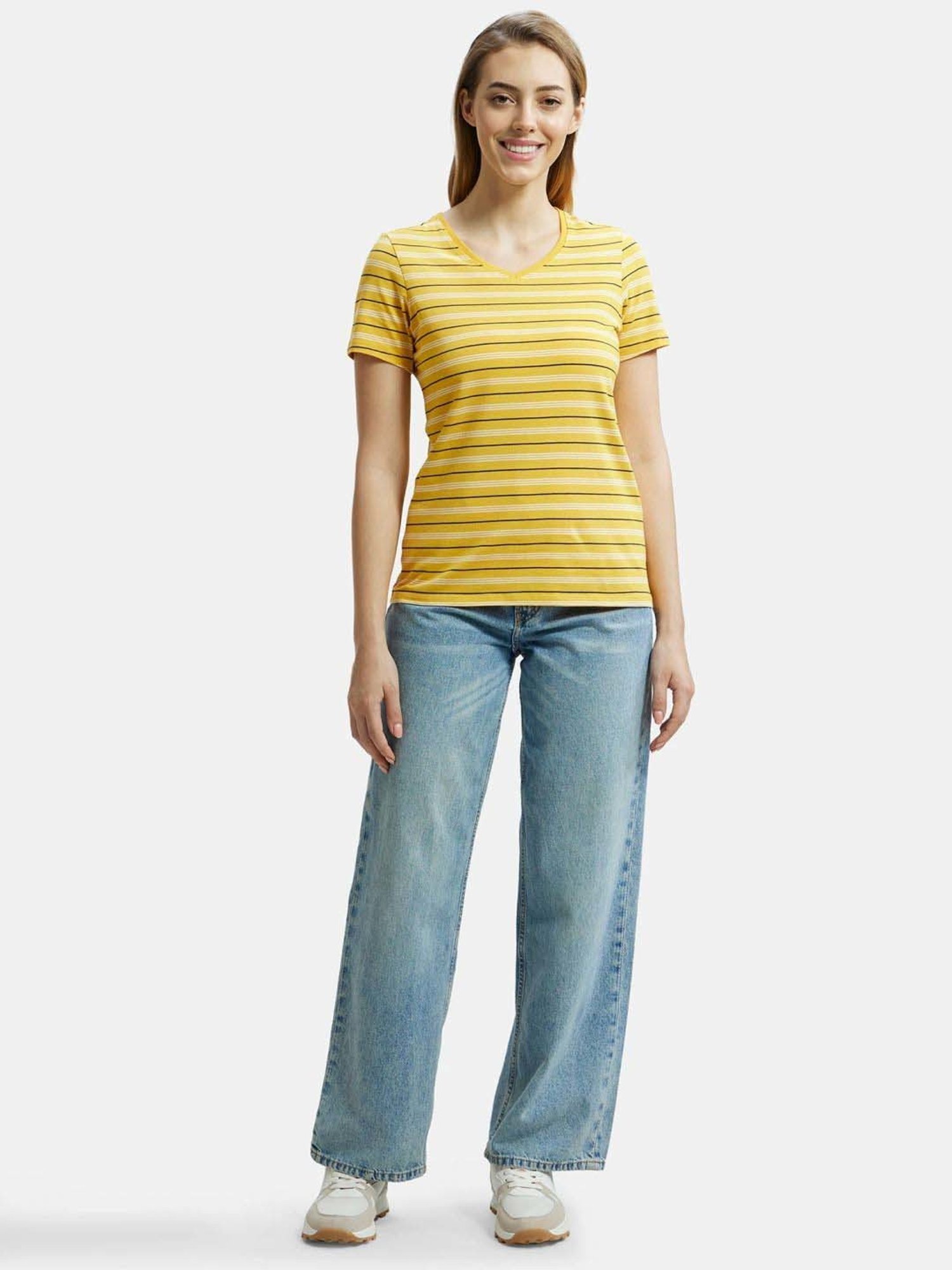 Jockey AW22 Women's Super Combed Cotton Elastane Regular Fit Striped V Neck Half Sleeve T-Shirt