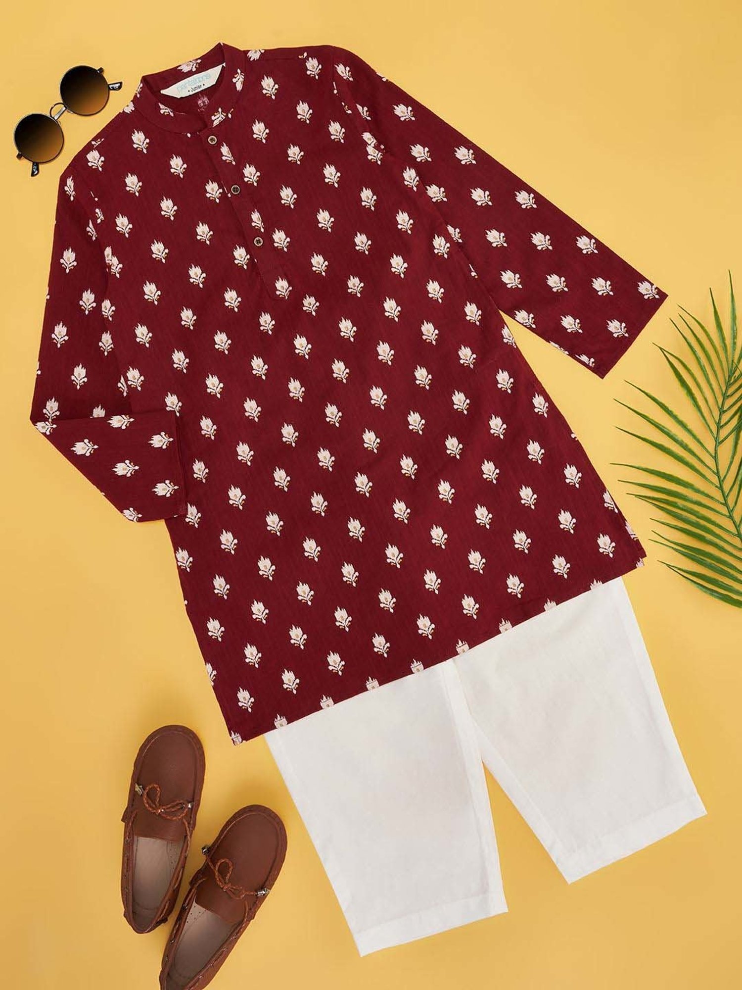Indus Route by Pantaloons Kids Maroon & White Cotton Printed Full Sleeves Kurta Set