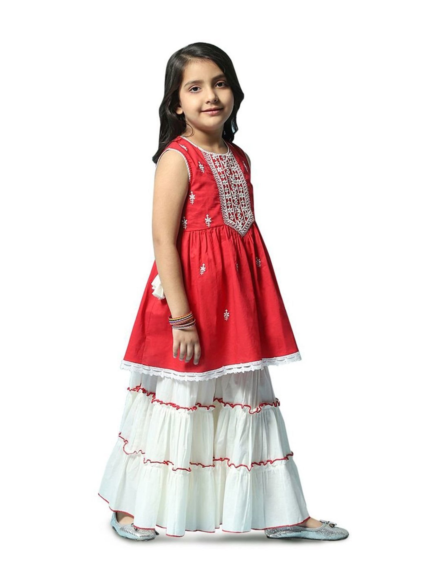 Biba Girls Red & White Cotton Embroidered Kurta Set