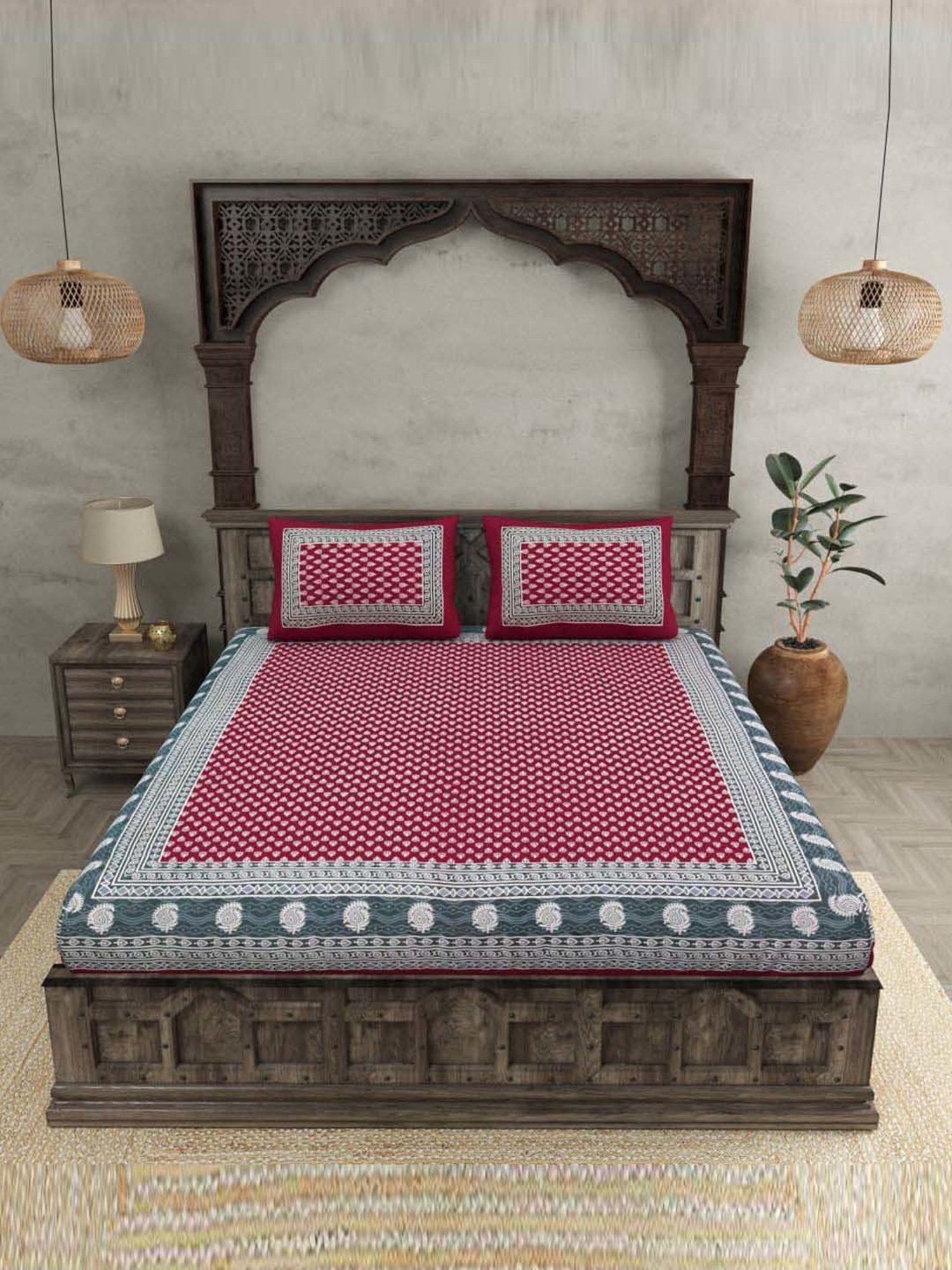 JaipurFabric Maroon 100% Pure Cotton 120 TC Double Bedsheet with 2 Pillow Covers