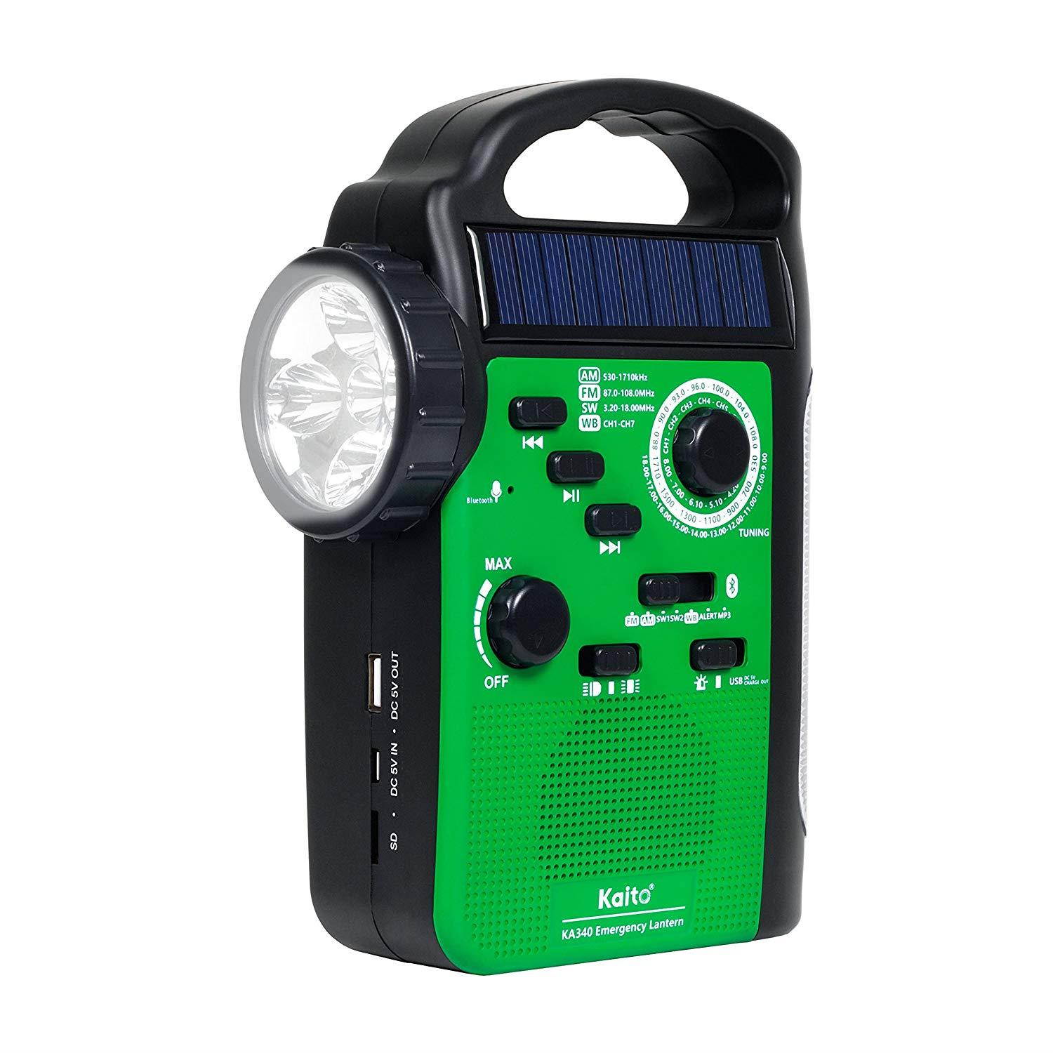 Kaito KA340 5-way Powered Rechargeable LED Camping Lantern & Emergency AM/FM/SW NOAA Weather Alert Radio with Bluetooth, Flashlight, 5V USB Mobile Phone Charger, MP3 Player & Siren (Green)