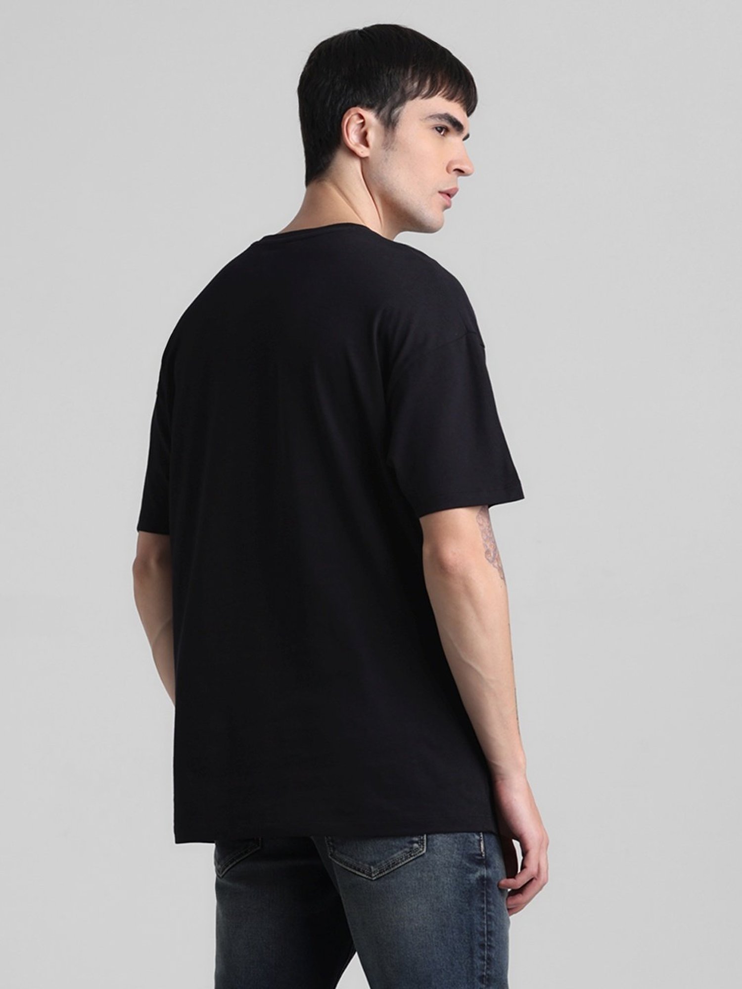 Jack & Jones Jet Black Cotton Boxy Fit Printed T-Shirt