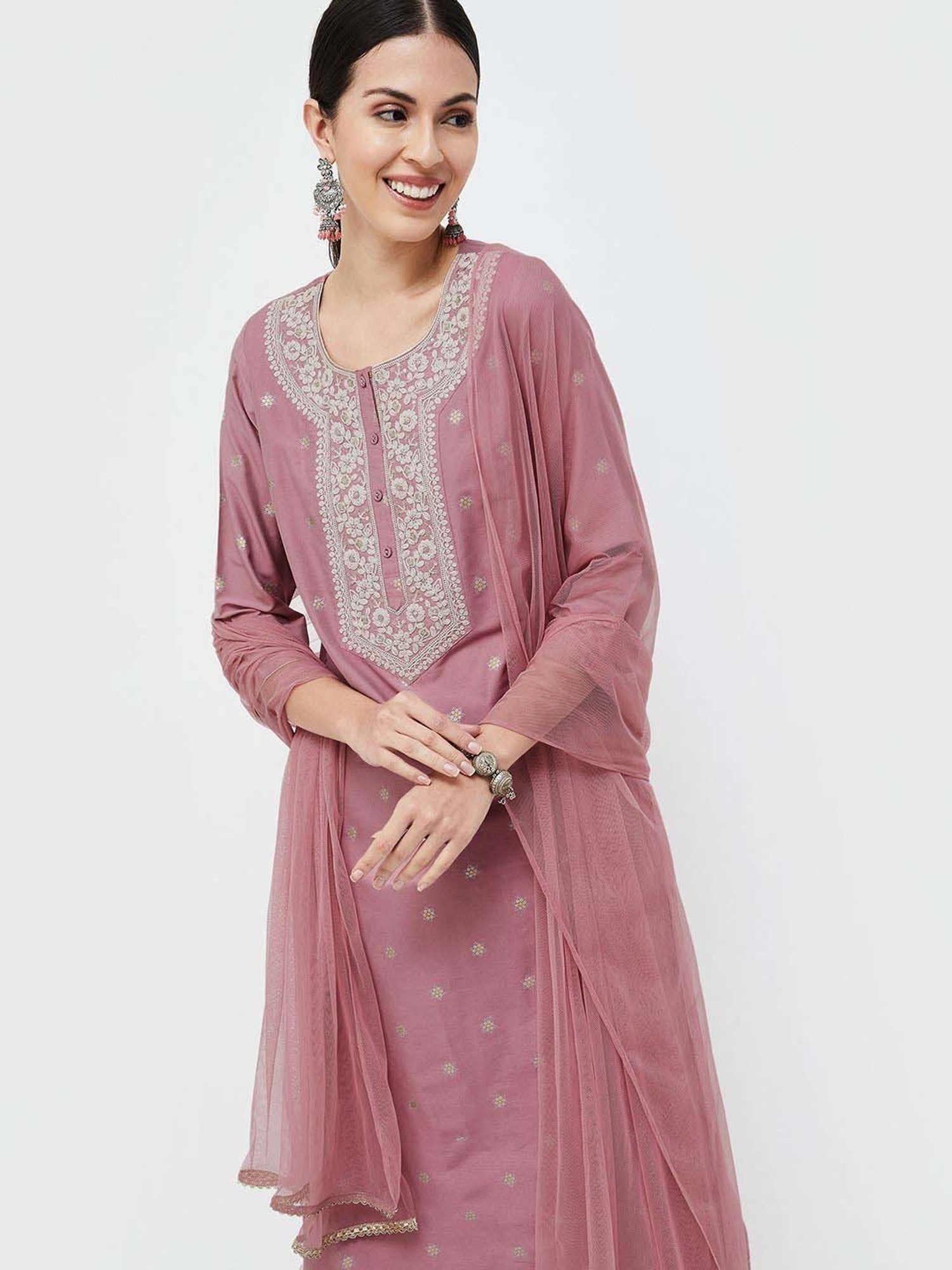 Melange by Lifestyle Purple Embroidered Kurta & Palazzo Set With Dupatta