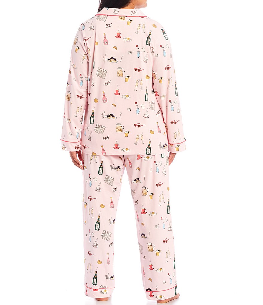 Bedhead Pajamas Plus #double;Let's Do Brunch#double; Printed Knit Notch Collar Long Sleeve Coordinating Pajama Set