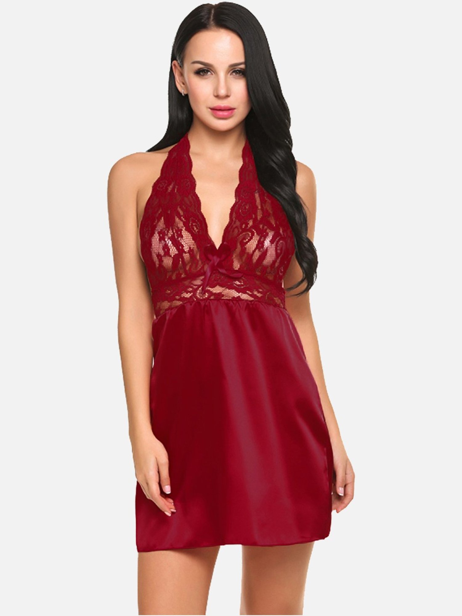 FIMS: Fashion is my Style Fuchsia & Maroon Lace Work Babydoll With Thong