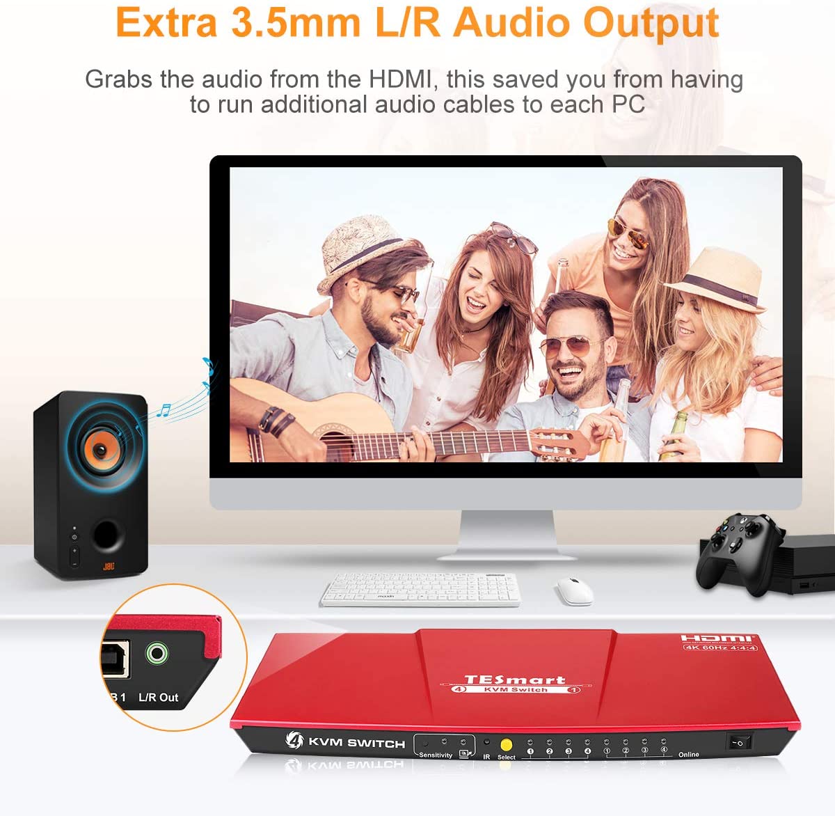 TESmart HDMI KVM Switch 4 ports 4 in 1 out  , support 4k 3840*2160@60Hz 4:4:4  Support HDR 10 and Dolby Vision ,Complaint with HDCP 2.2, With USB2.0 and audio output ports