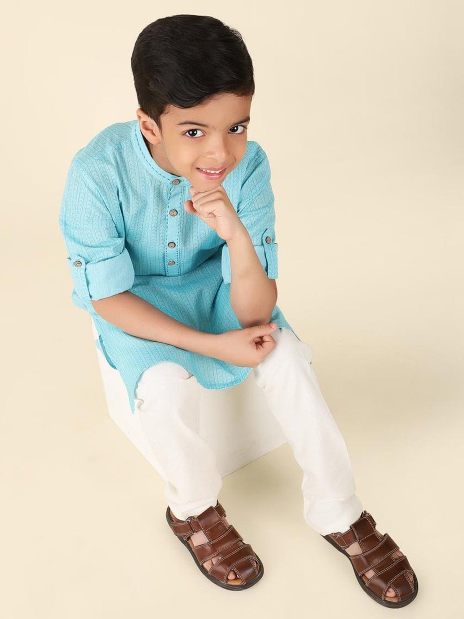 Fabindia Kids Blue Cotton Printed Full Sleeves Kurta