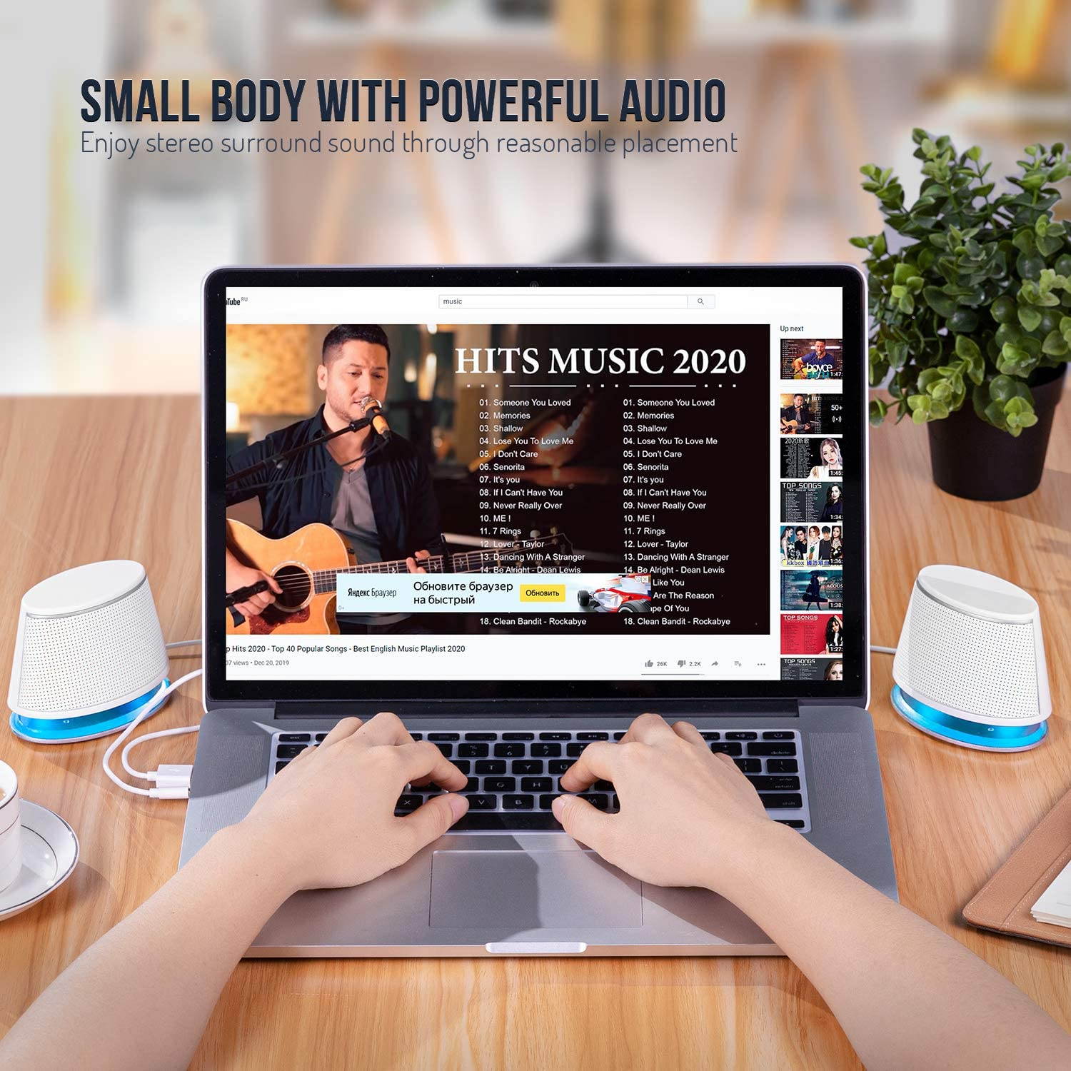 Computer Speakers, 5Wx2, Deep Bass in Small Body, Stereo 2.0 USB Powered 3.5mm Aux Multimedia Speakers, Built-in Bottom Bass Radiators, PC Laptop Desktop Speakers, White