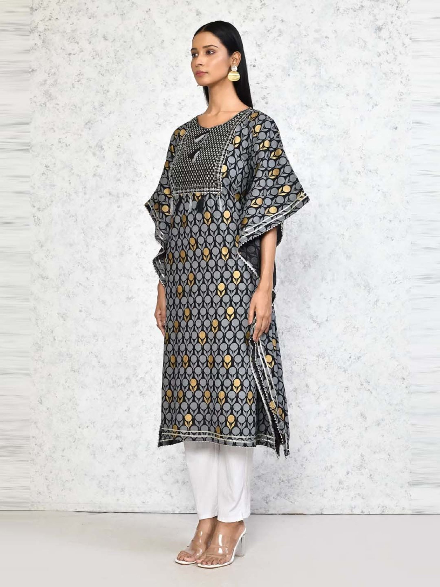Miravan Black & Grey Cotton Embroidered A Line Kaftan