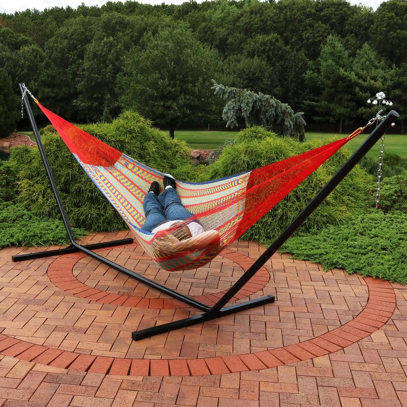 Hand-Woven Mayan Hammock and Stand Matrimonial Size - Red/Yellow/Blue - Sunnydaze Decor
