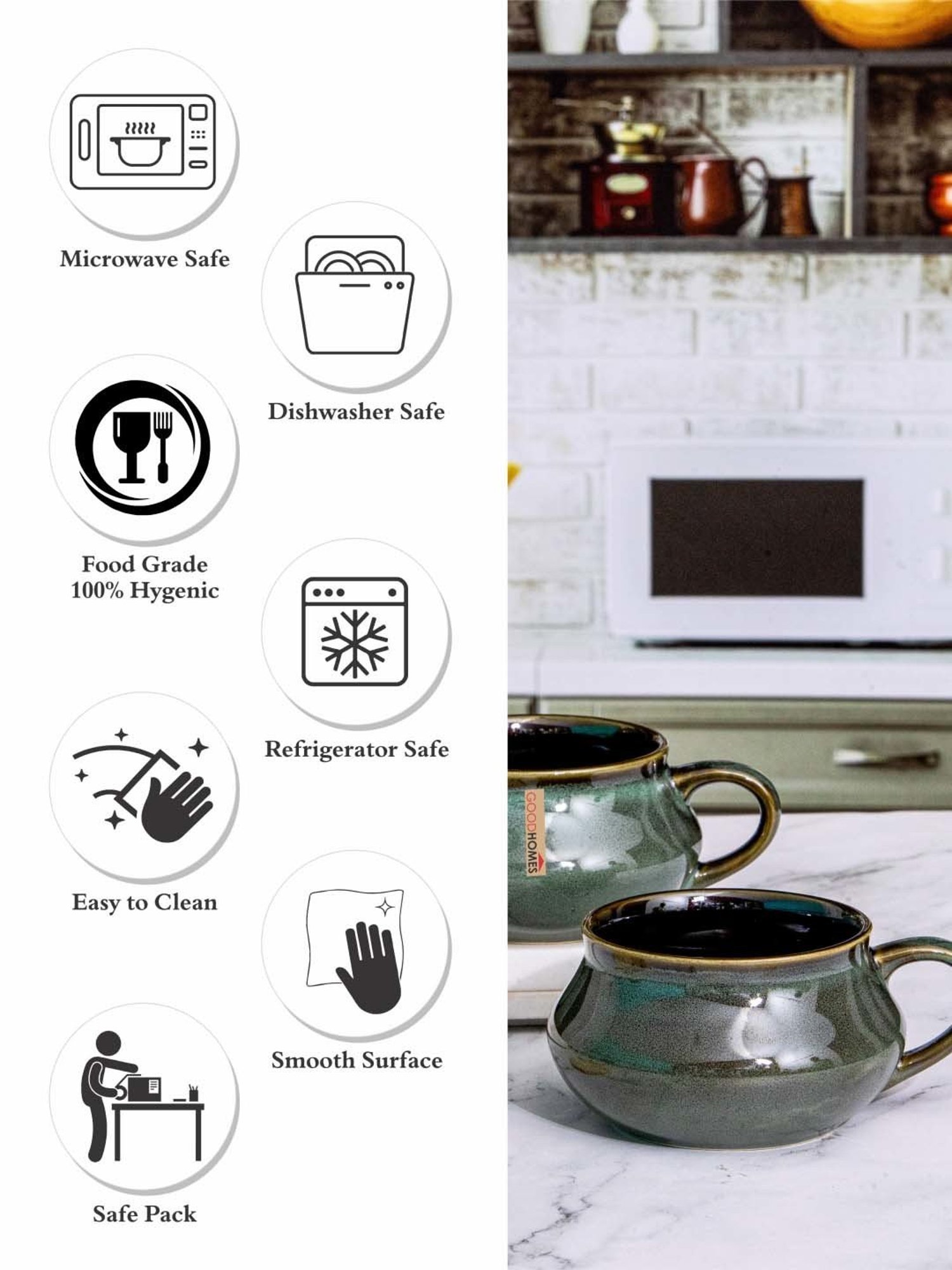 Goodhomes Green Ceramic Soup Cup (0.24 L) - Set of 4