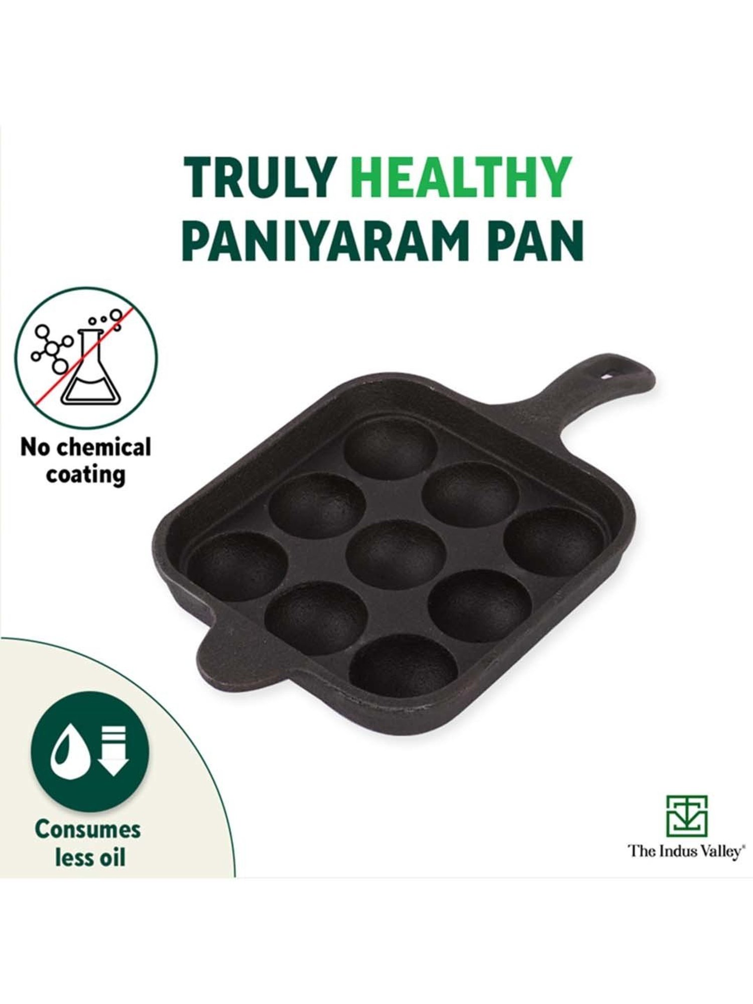 The Indus Valley Black Cast Iron 18cm 9-Pit Paniyaram Pan with Free Wooden Picker