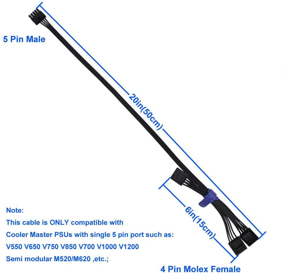 5 Pin to 3X 4 Pin Molex Hard Drive HDD Power Adapter Cable Only for Cooler Master Modular PSUs 20-in(50cm)