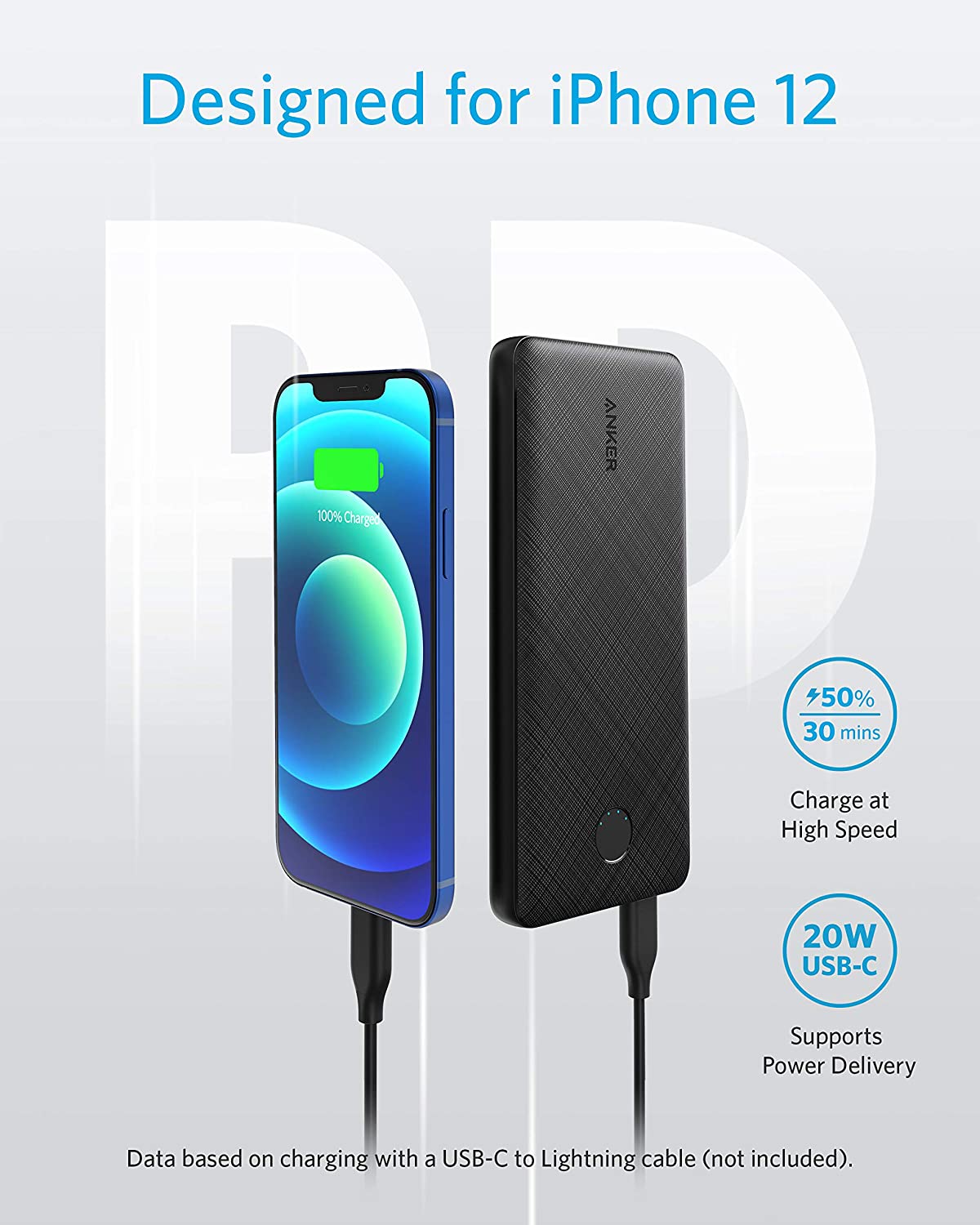 Anker PowerCore Slim 10000 PD, 20W 10000mAh Power Delivery Power Bank, USB-C Portable Charger for iPhone 12/12 Mini/12 Pro/12 Pro Max, S10, Pixel 3, and More (Charger Not Include)