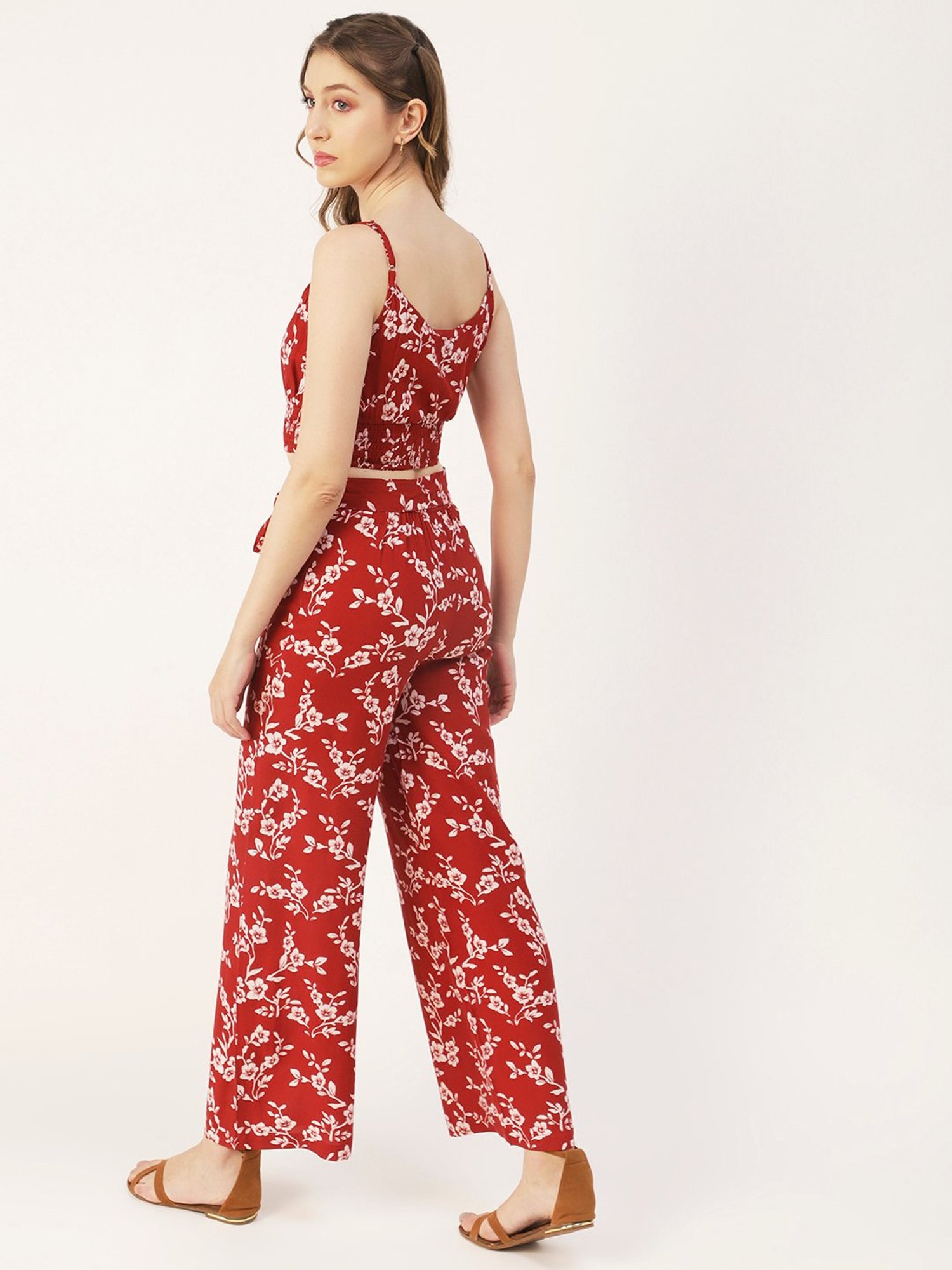 Moomaya Red Floral Print Crop Top With Palazzos