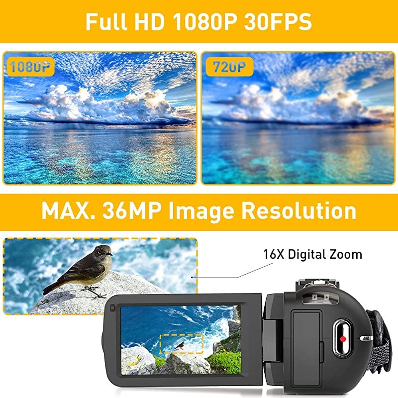 Camera Camcorder Full HD 1080P 36MP 30FPS Digital YouTube Vlogging Camera Recorder with Night Vision 3.0 Inch 270 Degree Rotation IPS Screen 16X Zoom Remote Control, 2 Batteries