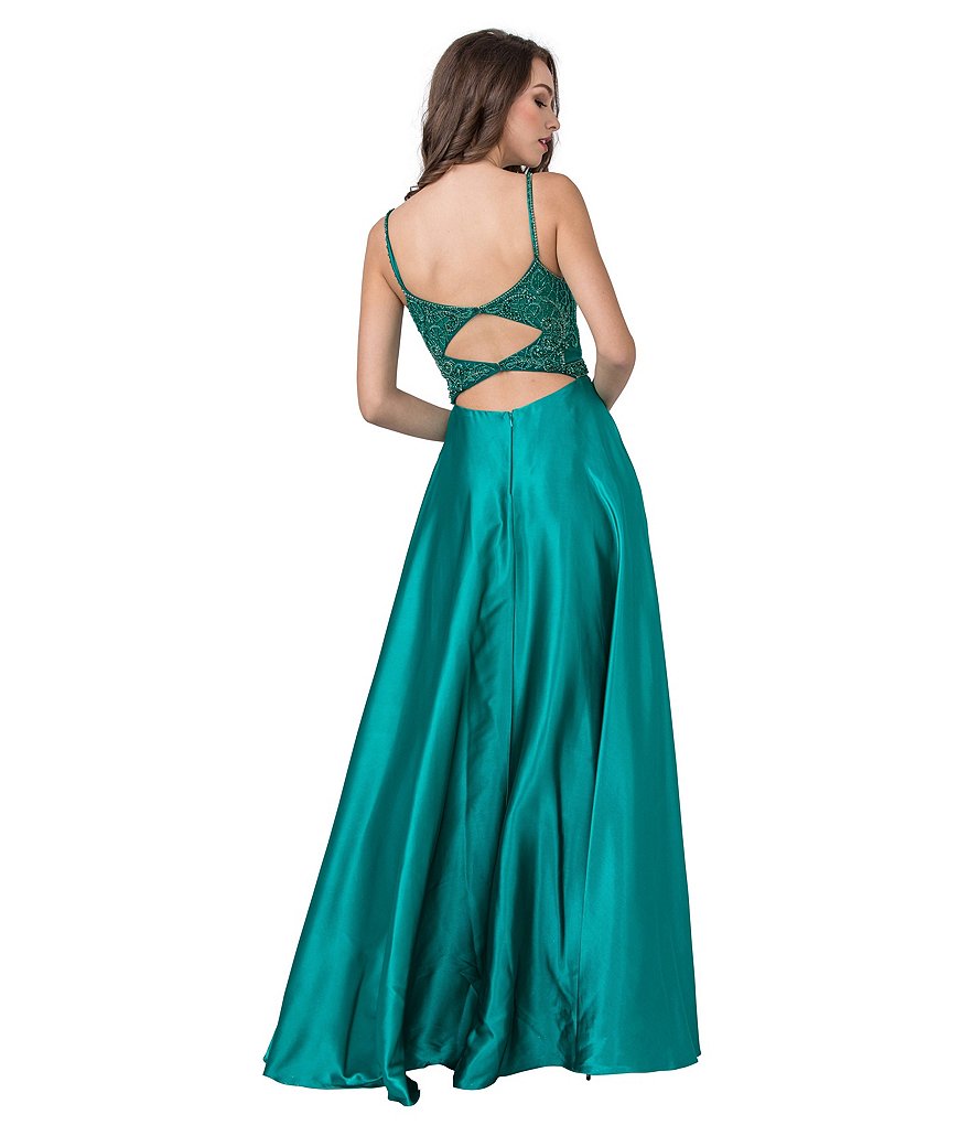 Coya Collection Spaghetti Strap V-Neck Beaded Cage-Back High Side Slit Satin Long Dress
