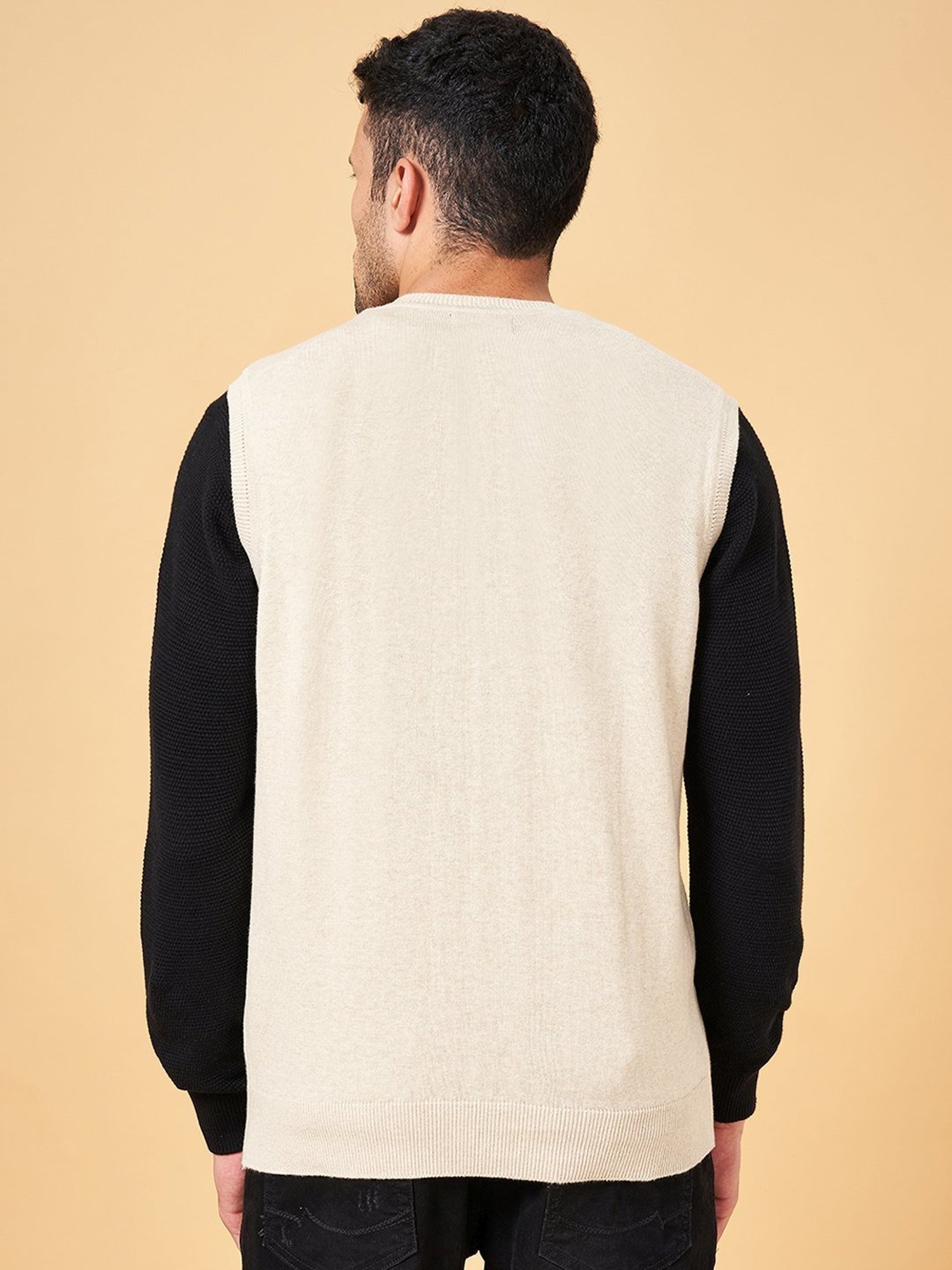 Byford by Pantaloons Beige Cotton Slim Fit Self Pattern Sweater