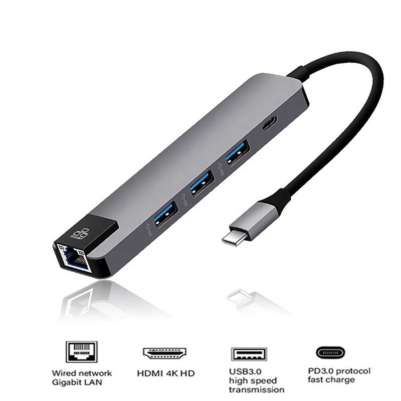 Gigabit Ethernet Card Type-C 3 USB3.0 + USB-C Female PD Charging HUB Aluminum Alloy, 5 in 1 USB-C HUB with 1000Mbps LAN PD 2 x USB 3.0 Ports, Type-C to RJ45 PD USB Dock.