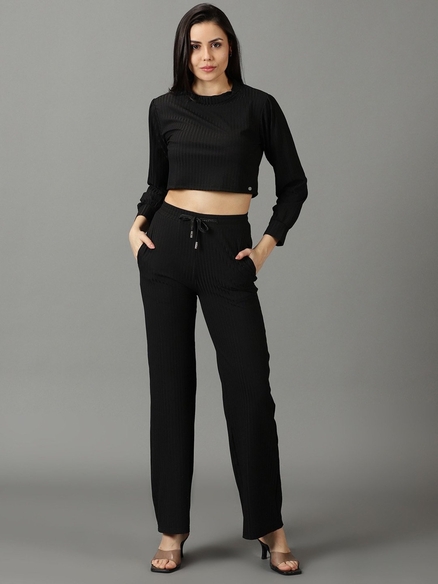 SHOWOFF Black Crop Top With Pants