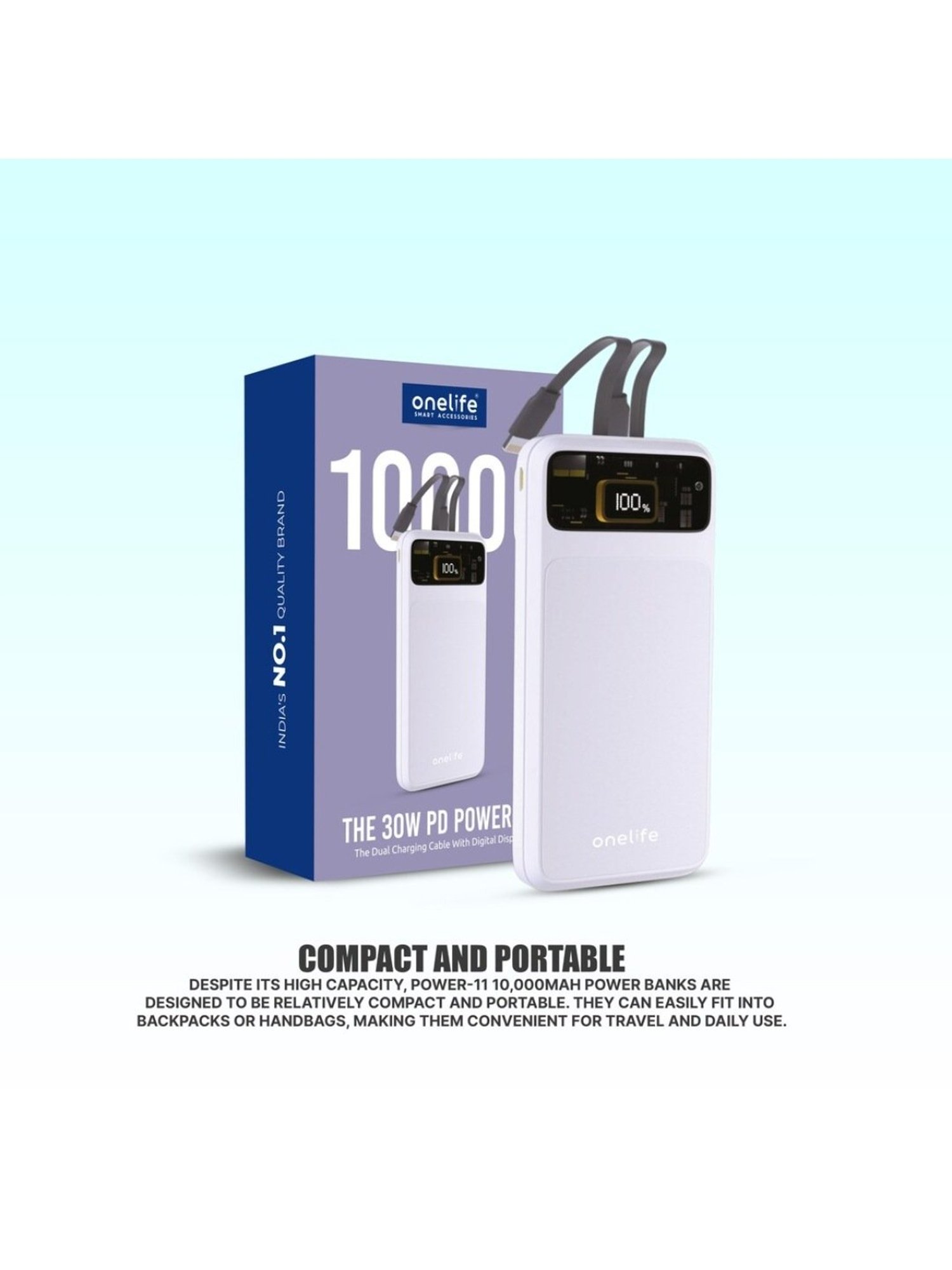 Onelife Power 11, 10000 mAh 30W Fast Charging Power Bank with PD3.0 30W for 2 USB-C Ports (White)